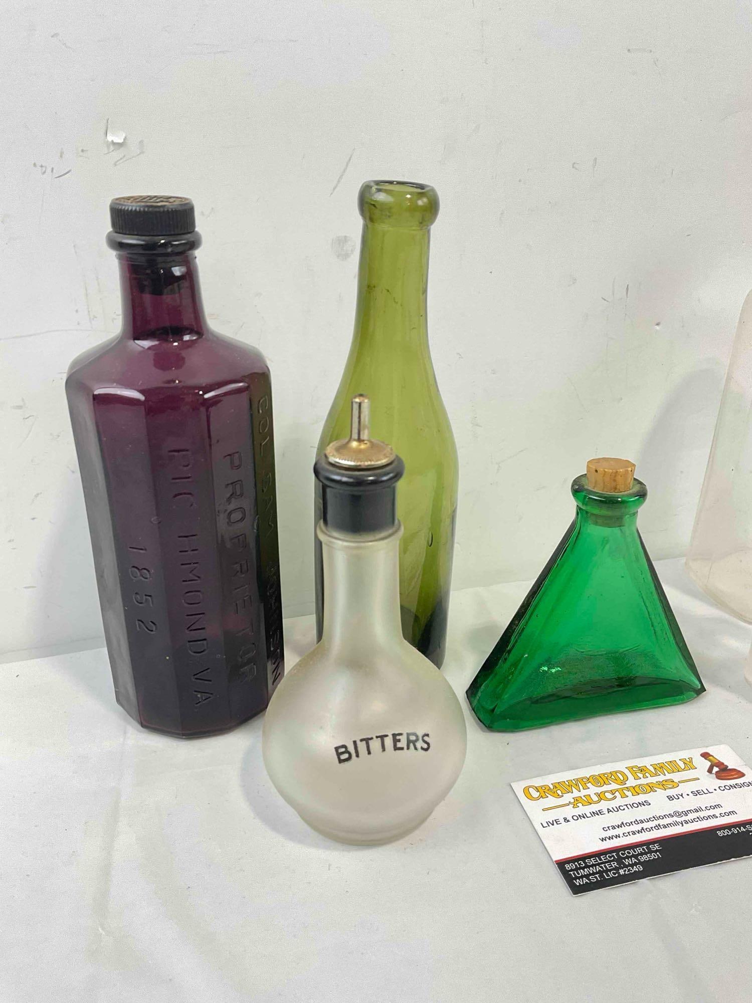 7 pcs Vintage Glass Bottles, incl. Purple Bitters, Green Triangle Bottle & Much More! See pics. - 3