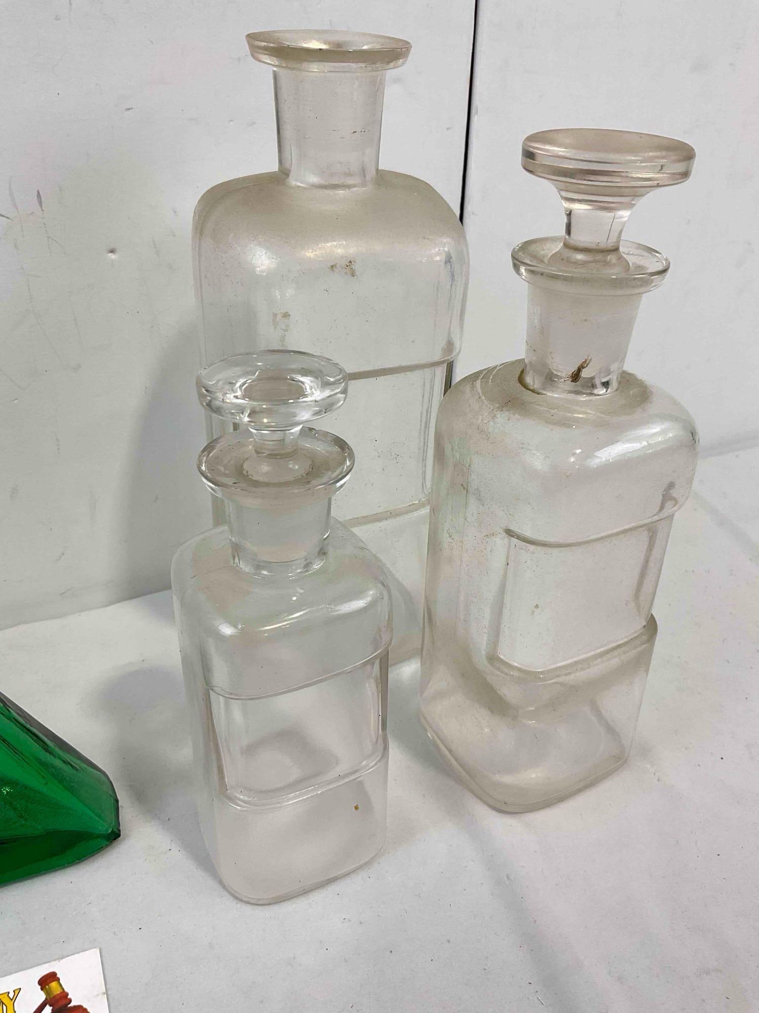 7 pcs Vintage Glass Bottles, incl. Purple Bitters, Green Triangle Bottle & Much More! See pics. - 4