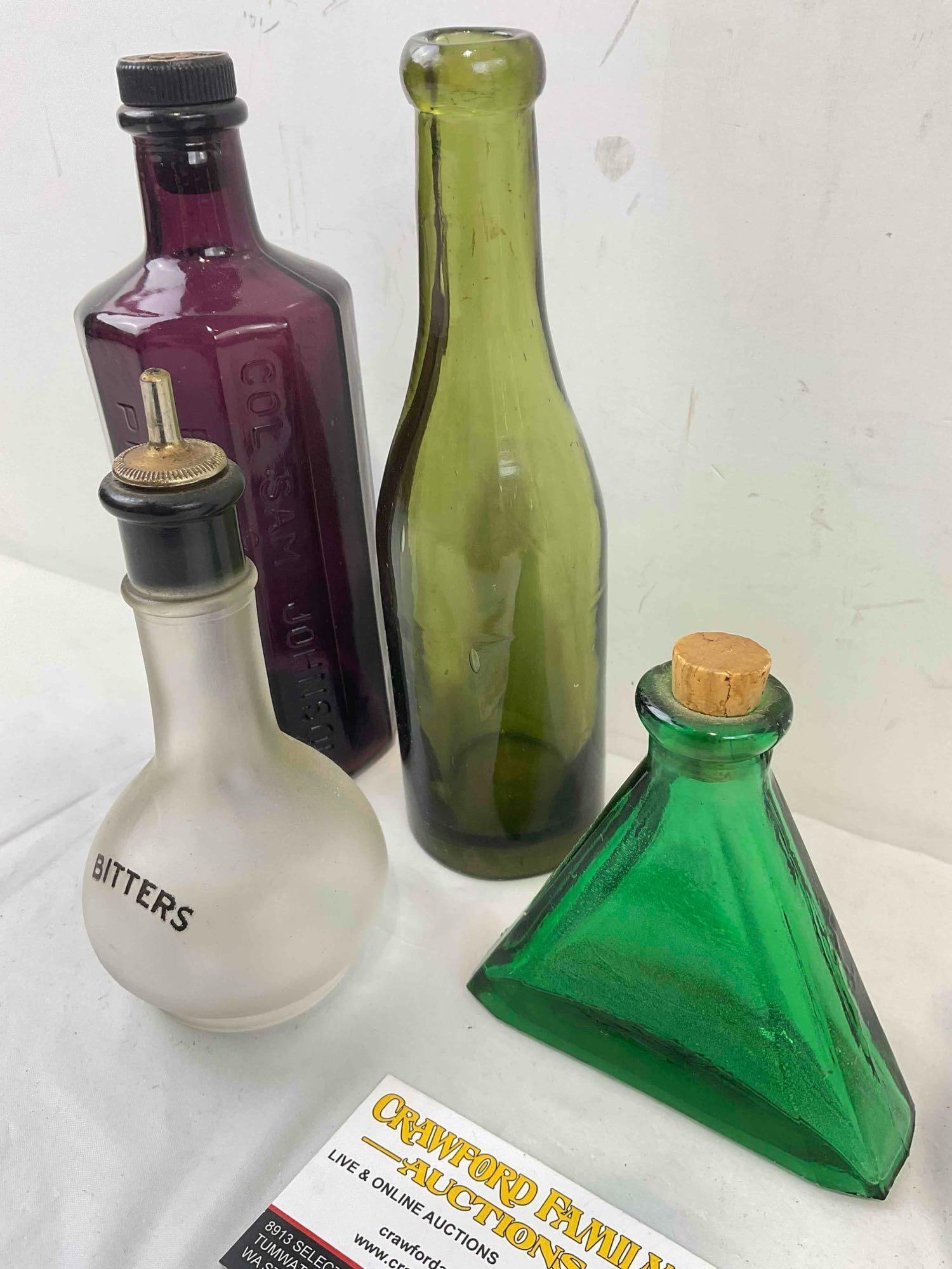 7 pcs Vintage Glass Bottles, incl. Purple Bitters, Green Triangle Bottle & Much More! See pics. - 5