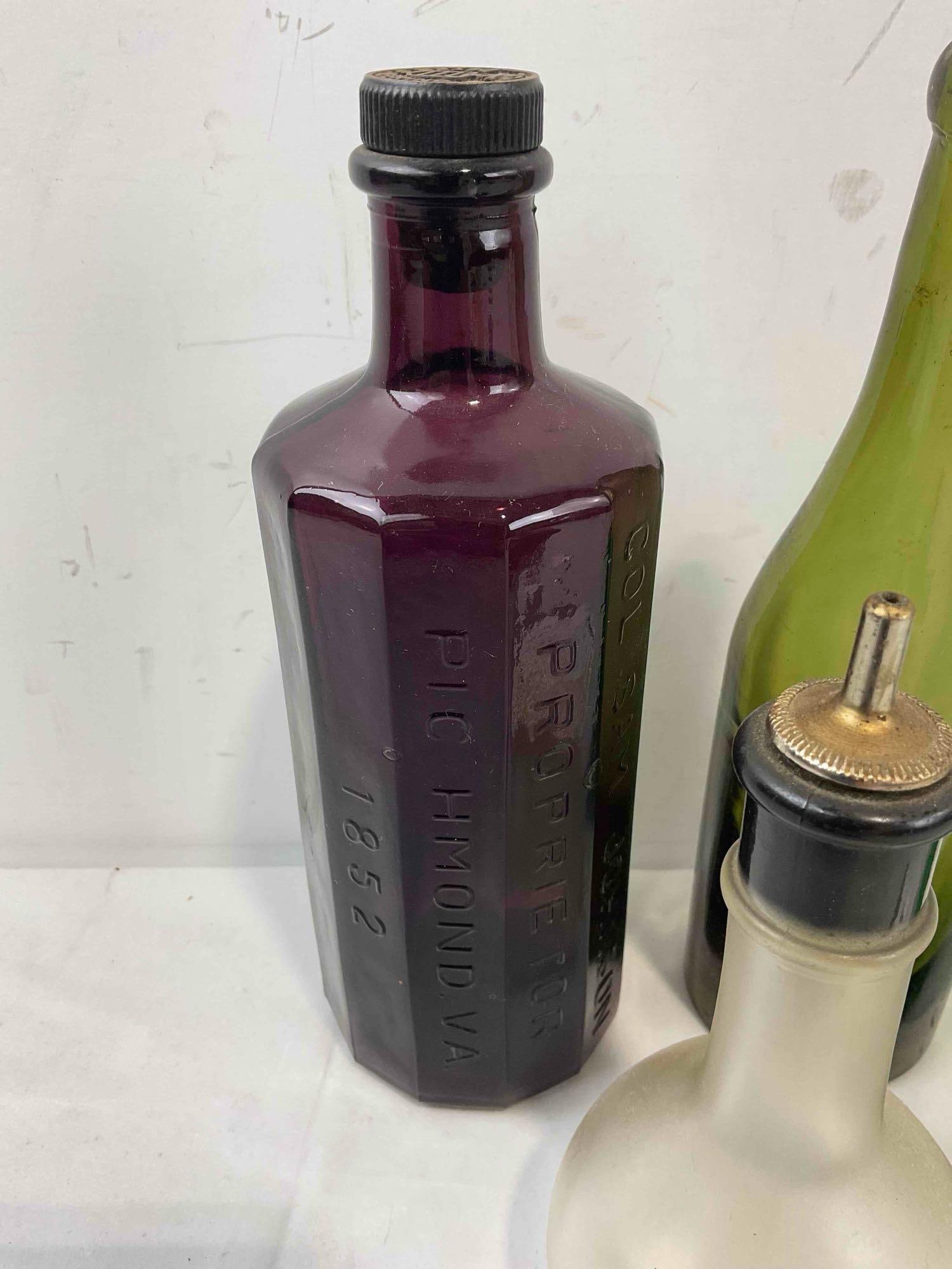 7 pcs Vintage Glass Bottles, incl. Purple Bitters, Green Triangle Bottle & Much More! See pics. - 6