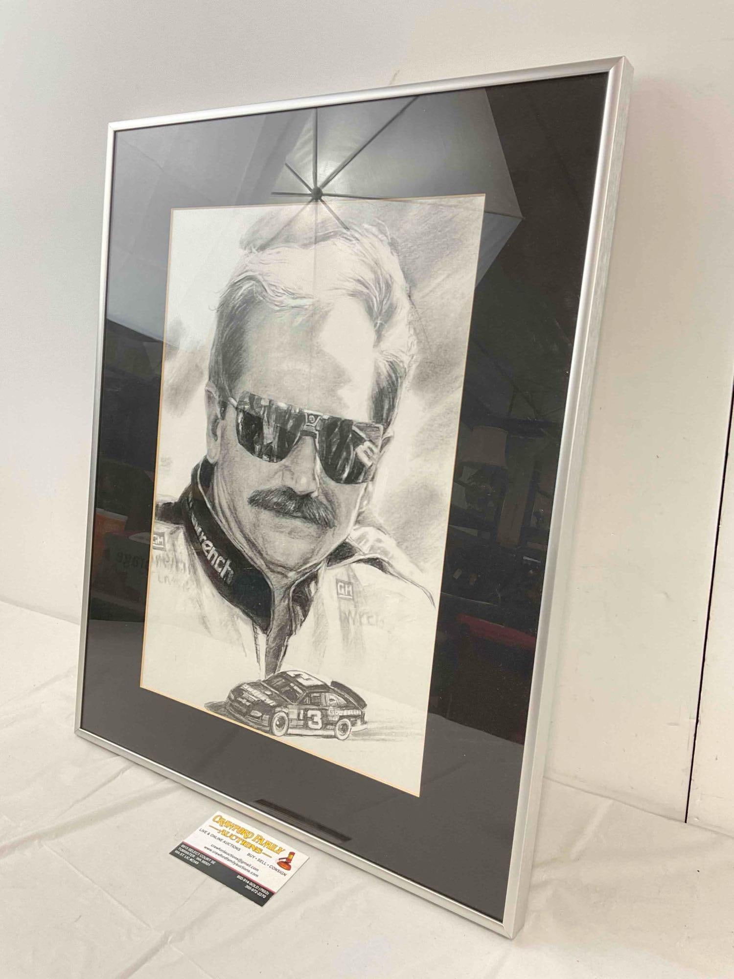 Framed Vintage Print of Pencil Drawing of Dale Earnhardt. Unsigned. Very Good Condition. See pics. - 2