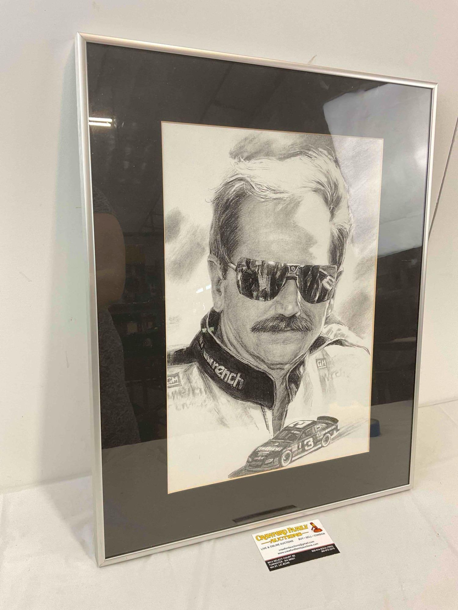 Framed Vintage Print of Pencil Drawing of Dale Earnhardt. Unsigned. Very Good Condition. See pics. - 3