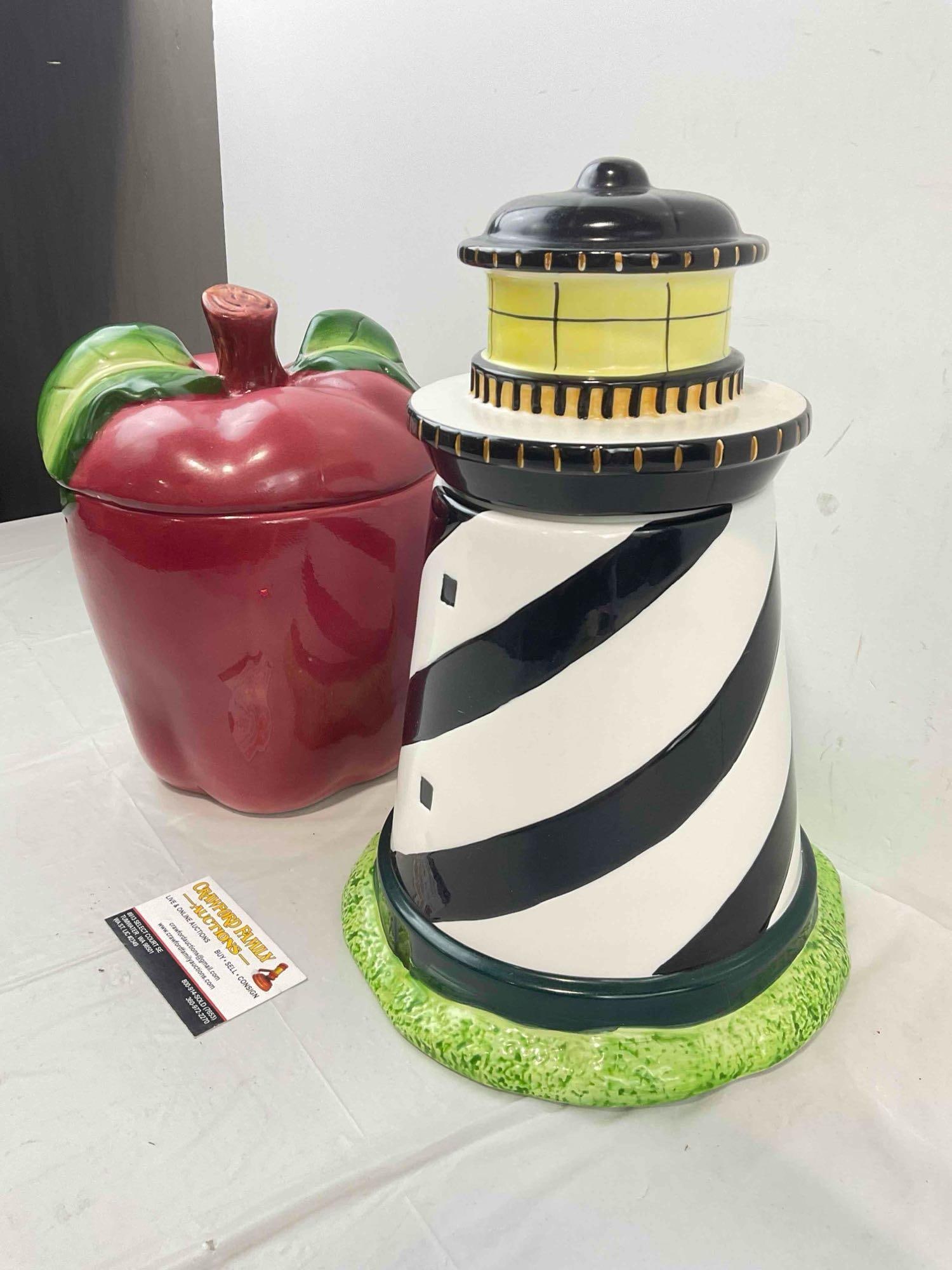 2 pcs Ceramic Cookie Jars, incl. Red Apple & Vintage Sakura "Coastal Breeze" Lighthouse. - 2