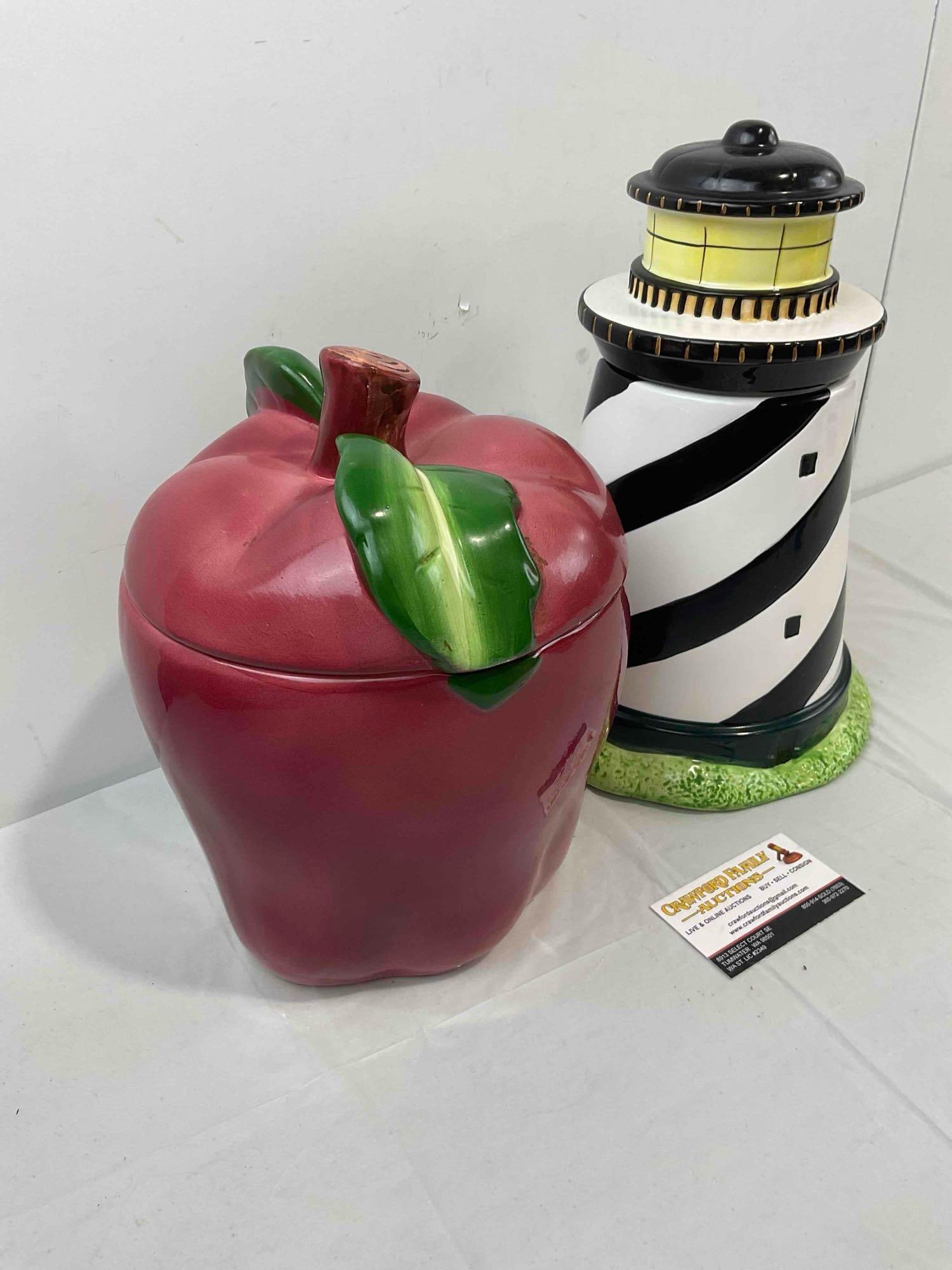 2 pcs Ceramic Cookie Jars, incl. Red Apple & Vintage Sakura "Coastal Breeze" Lighthouse. - 3