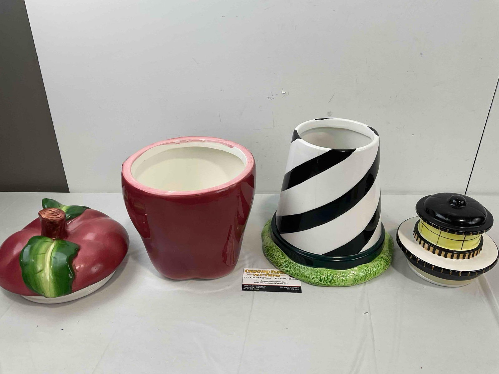 2 pcs Ceramic Cookie Jars, incl. Red Apple & Vintage Sakura "Coastal Breeze" Lighthouse. - 9