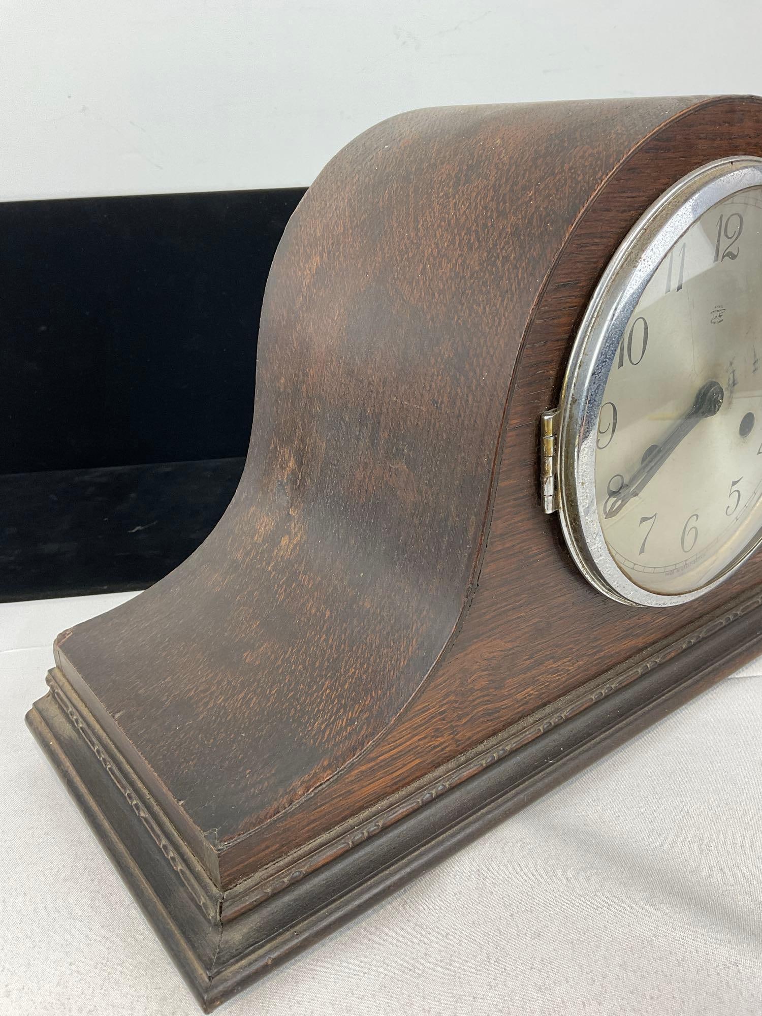 Vintage 1939 British Anvil English Oak Mantel Clock, Perivale, Time Strike, 10h x 18w x 7d inches - 3