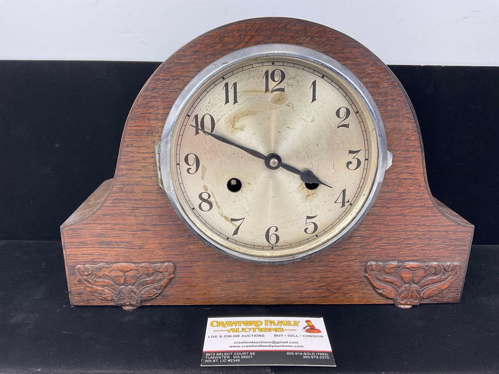 Antique Enfield(?) English Oak Mantel Clock, Time Strike w/key, 9h x 13w x 7d inches, no glass: All comes from the same collection. Appears to be in good shape. The piece measures approx 9h x 13w x 7d inches. See pics. E-5580