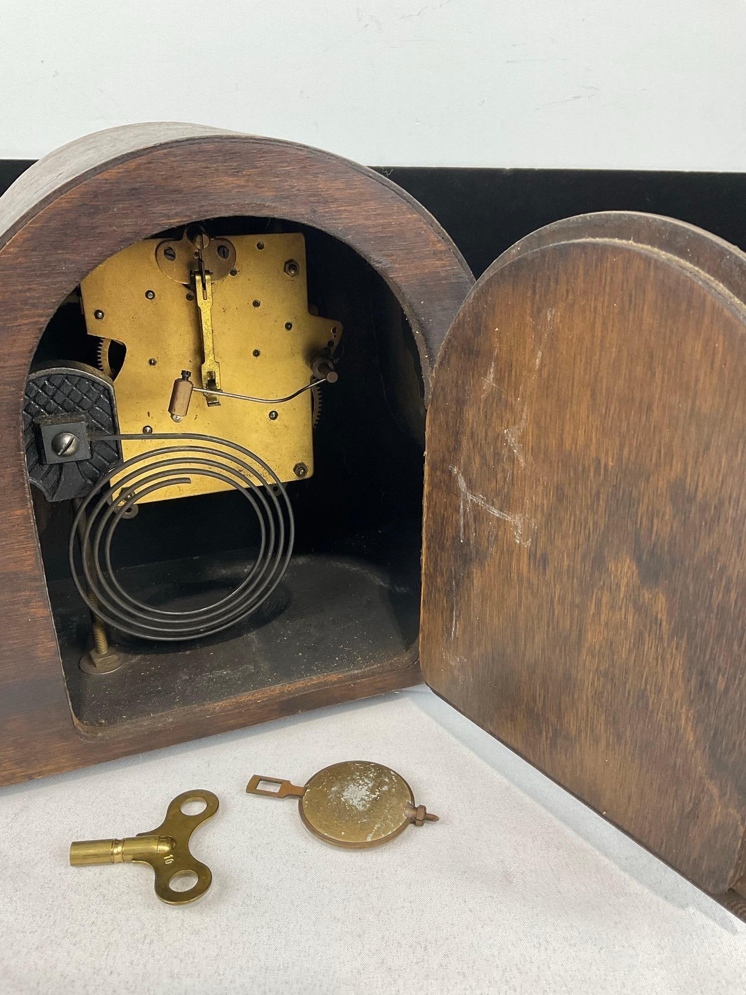 Early 20th Century Mantel Humpback Clock w/ Key, Time Strike, 10h x 17w x 7d inches - 5