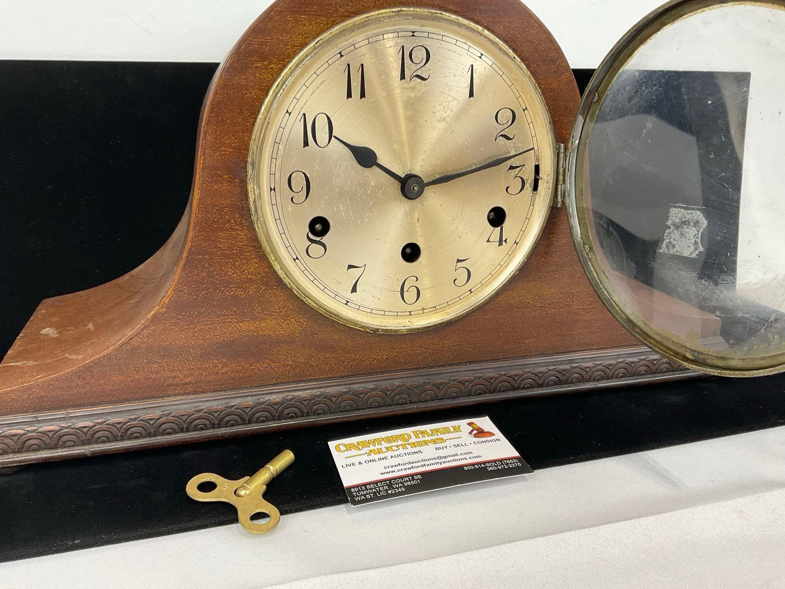 Antique Mantel Humpback Clock w/ Key, Time Strike Chime, 10h x 17w x 7d inches - 3