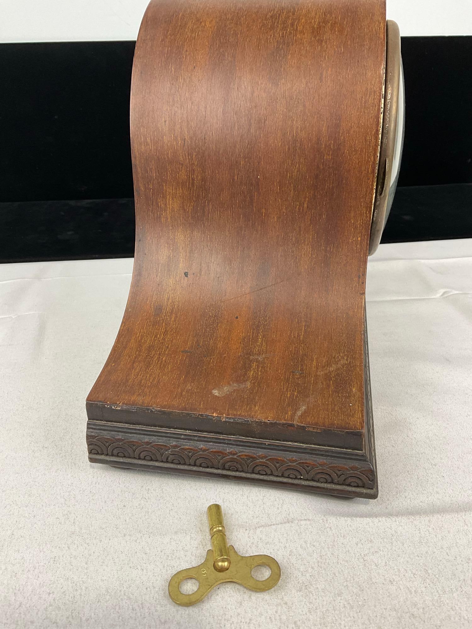 Antique Mantel Humpback Clock w/ Key, Time Strike Chime, 10h x 17w x 7d inches - 4