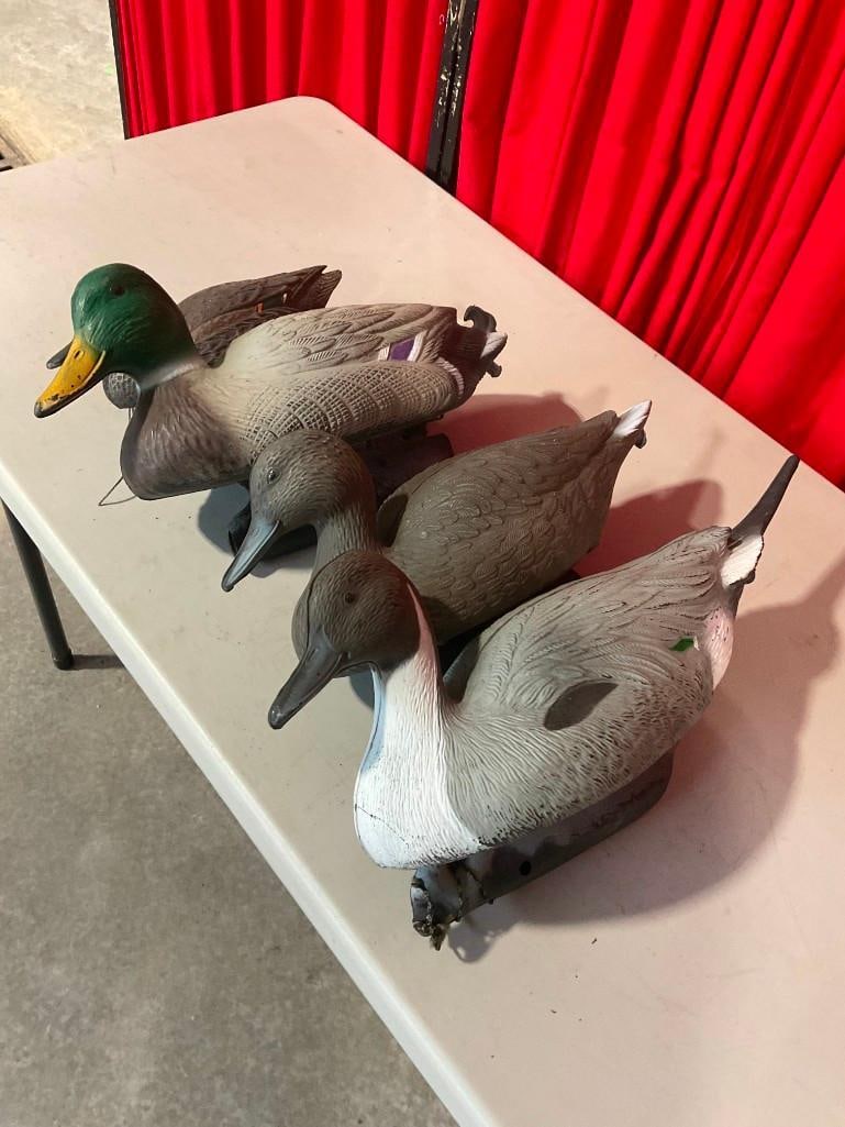 Collection of 4x Floating Duck Decoys in Fair Condition w/ Green Mesh Storage Bag: Fits into a container approximately 19" x 17" x 13". Items are air condition with minor wear. V-5600 *Oversized shipping may apply*