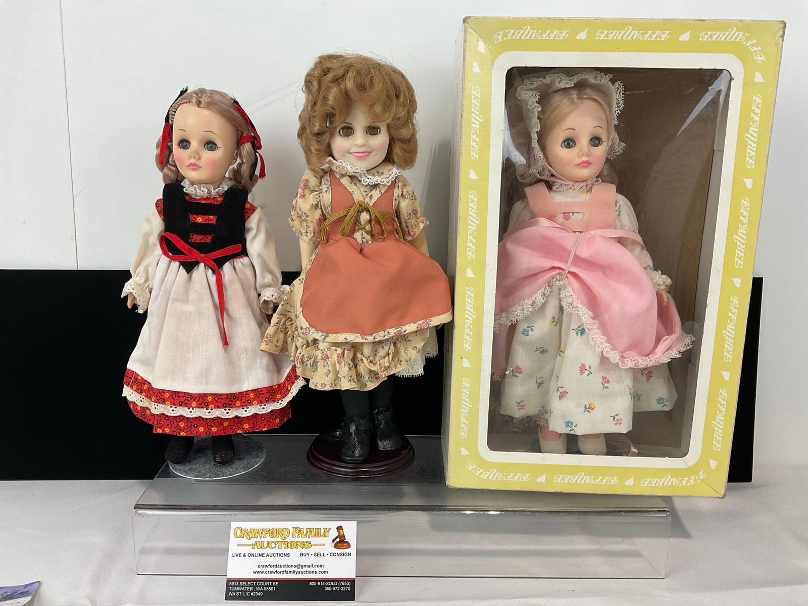 3 Effanbee Dolls, Intl Series Miss Germany, Shirley Temple, & Storybook Series Little Bo Peep w/box: Appears to be in good shape. The piece measures approx 5h x 14w x 9d inches. See pics. E-5430