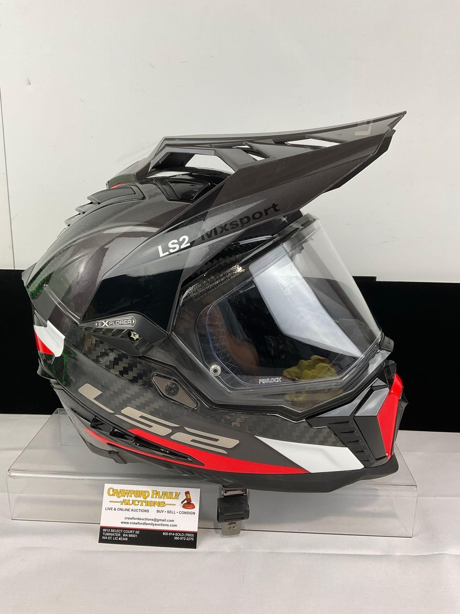 LS2 MX701 Explorer Carbon Frontier adventure helmet size XL, 61-62 cm, White/Red/Silver: Appears to be in good shape, some scratches from storage, likely never worn. The piece measures approx 13h x 14w x 9d inches. See pics. E-5910