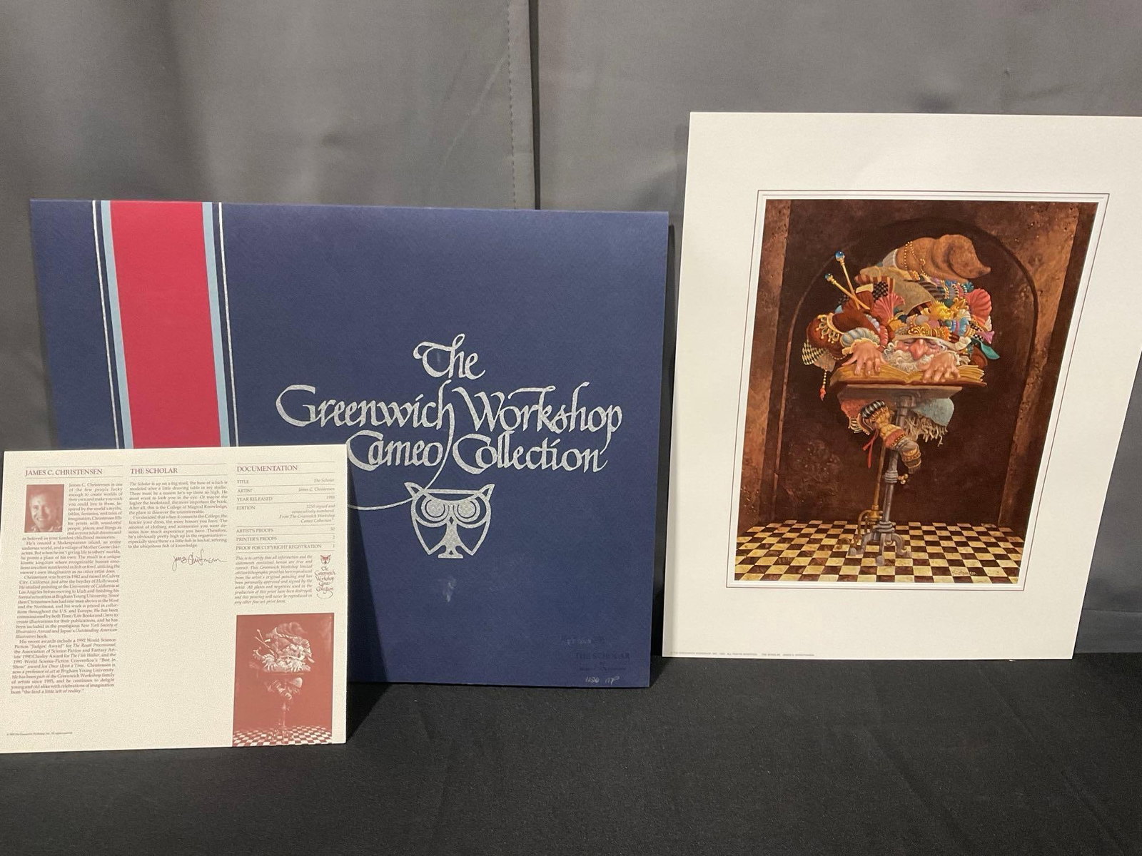 Signed & #d 1126/3250 Litho titled The Scholar by James Christensen 1993, 15h x 20w inches: The piece is signed & numbered in pencil near the signature on the print plate, in the lower right corner. Appears to be in good shape. The outside dimensions measure 15h x 20w x 2d inches. See