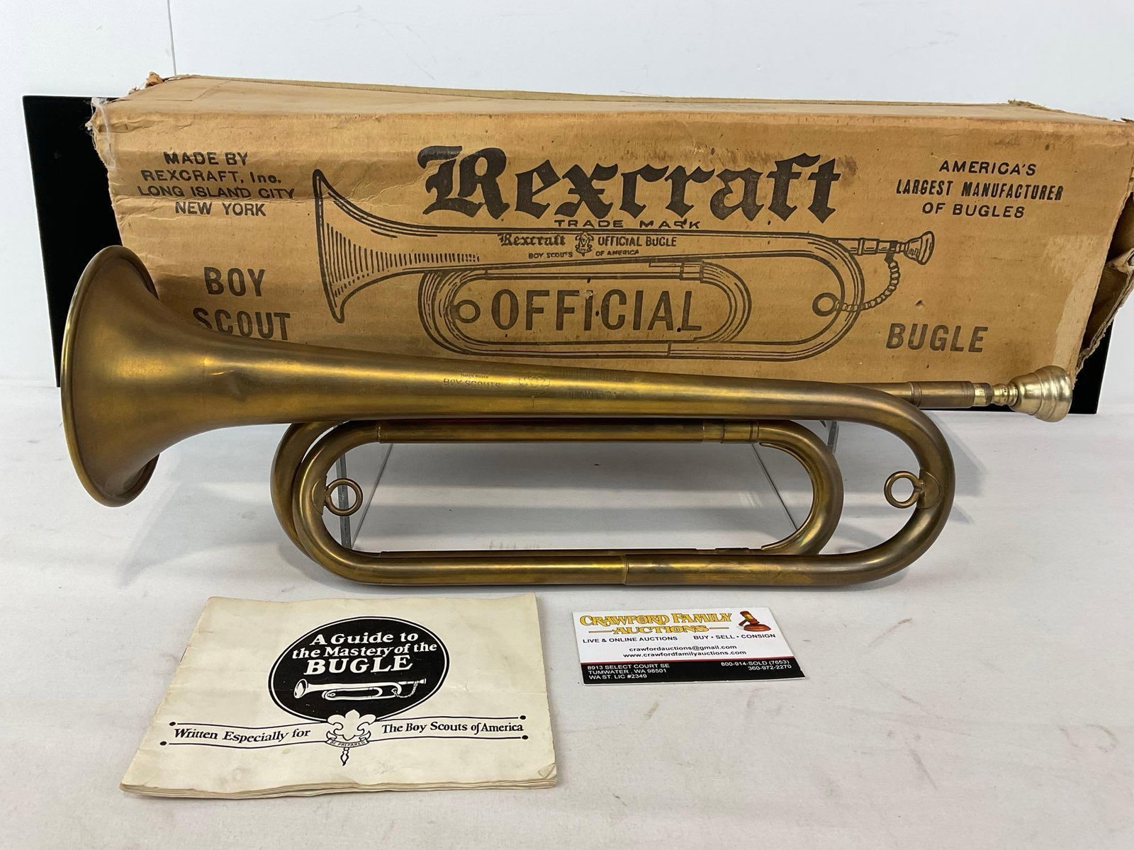 Vintage 1938 Rexcraft Official Boy Scout Bugle, in original box, 6h x 19w x 6d inches: Appears to be in good shape, the box has some signs of age. The piece measures approx 6h x 19w x 6d inches. See pics. E-414