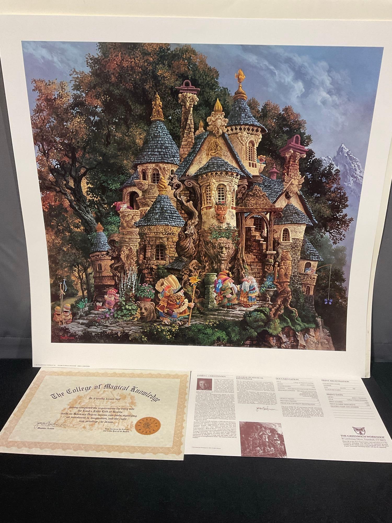 Signed & #d 1126/4500 Litho titled The College of Magical Knowledge by James Christensen, 28x28 in: The piece is signed & numbered in pencil near the signature on the print plate, in the lower right corner. Includes a faux college diploma from The College of Magical Knowledge. Appears to be in