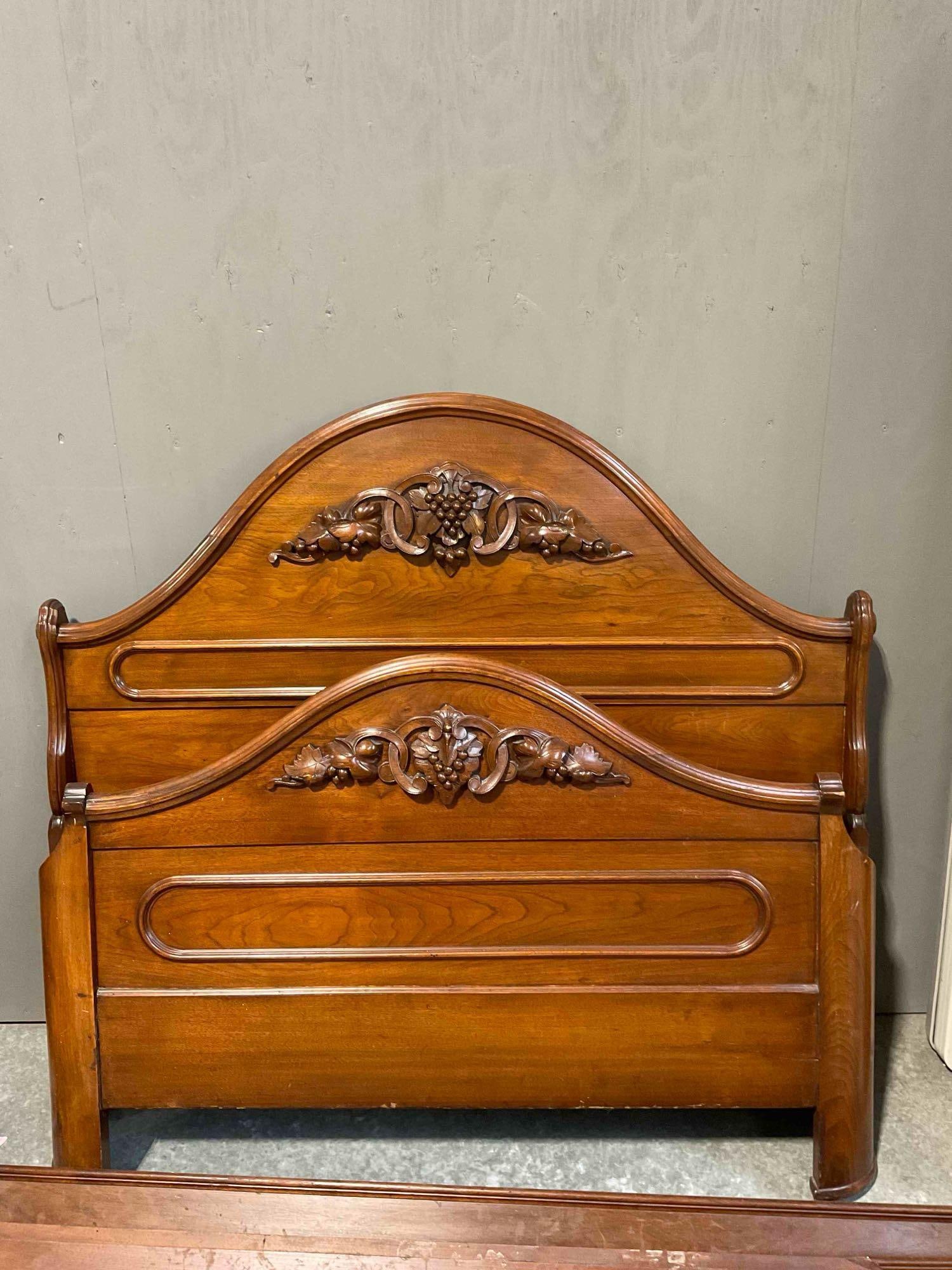 Sweet Antique Mahogany Wood Full Bed Frame w/ Carved Grape Motif. Good Condition. See pics. - 3