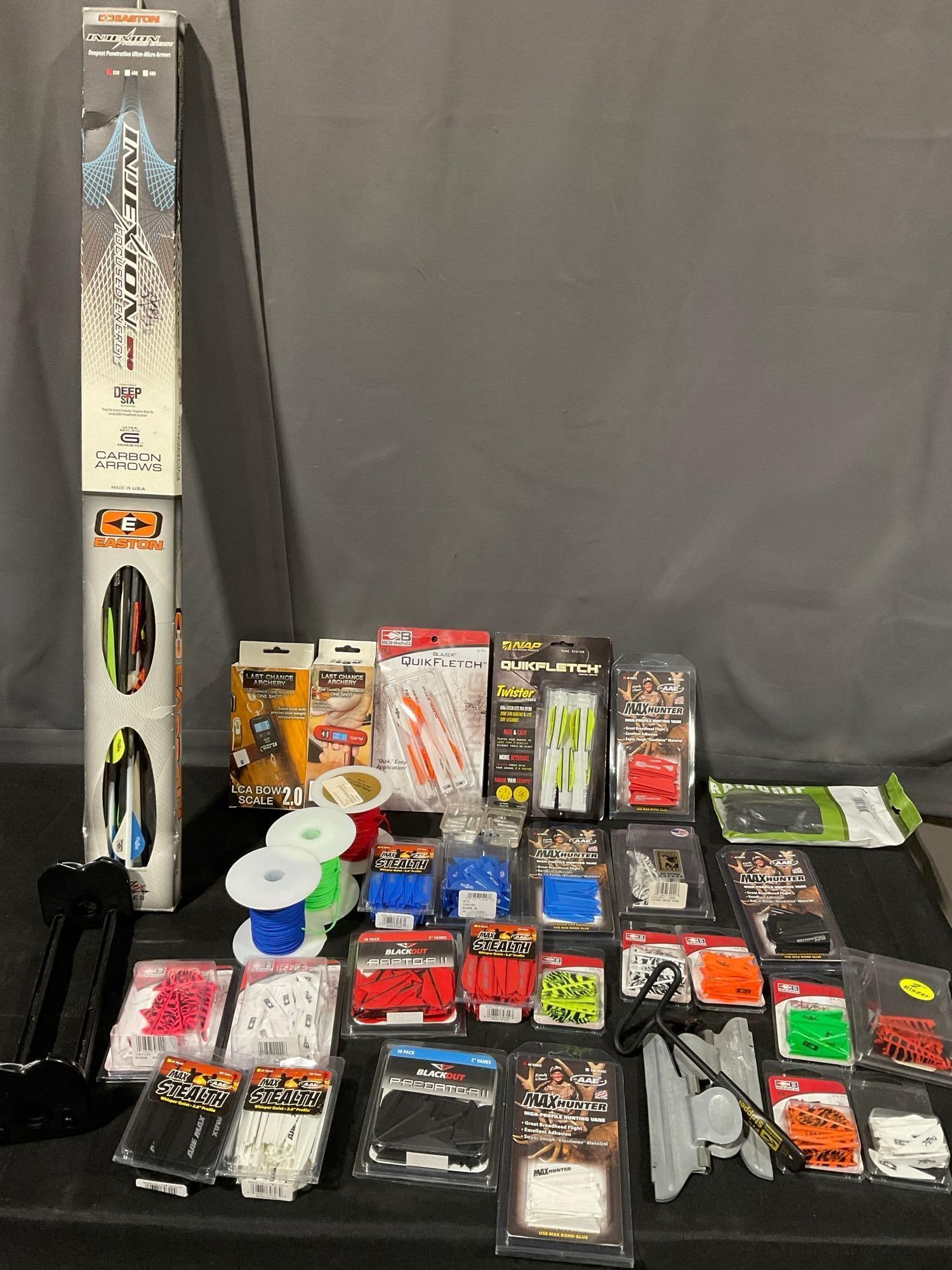 Collection of Arrow Fletching, String, Tools, & more, w/box of Arrow Shafts (1 of 6)