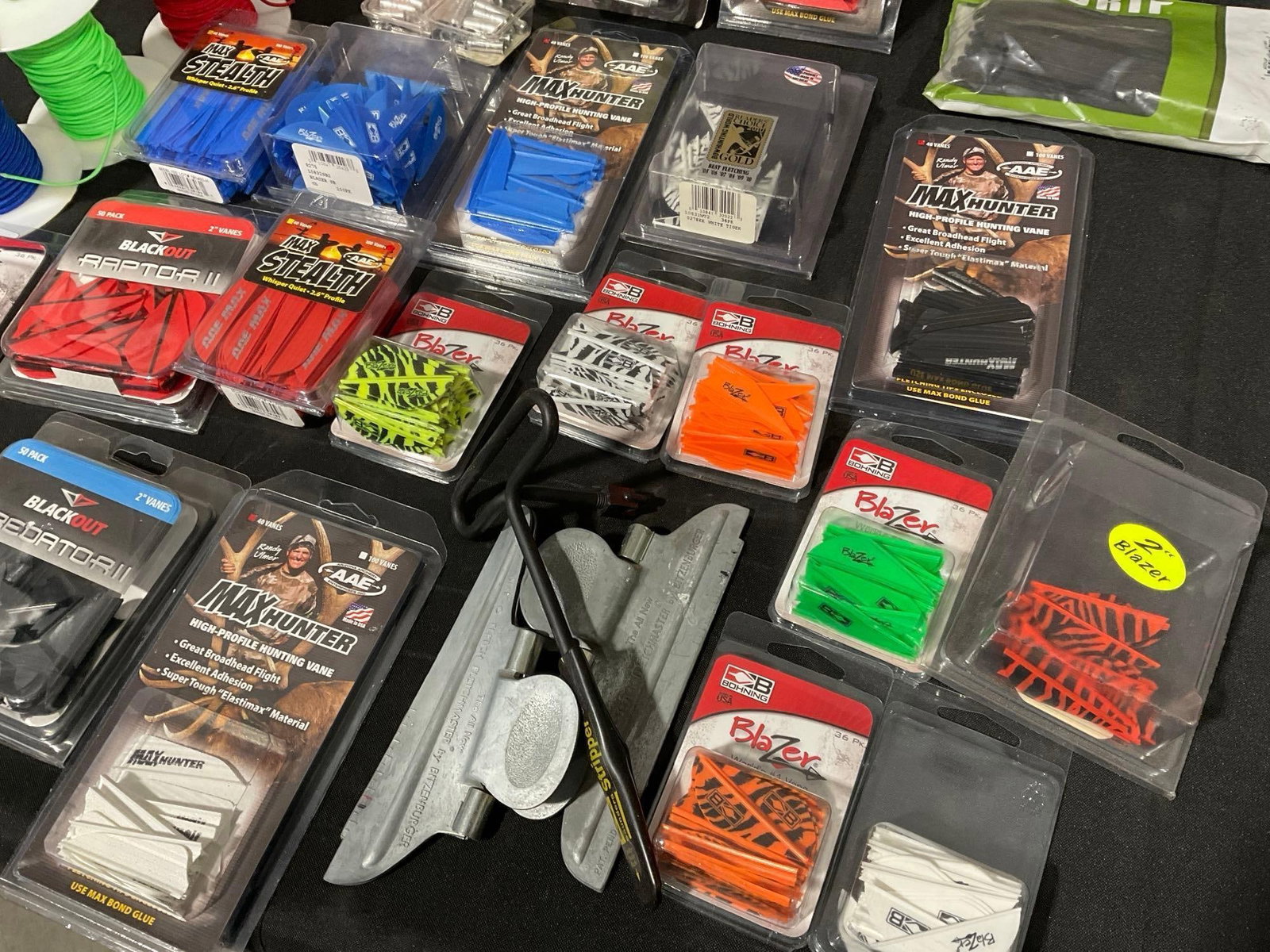 Collection of Arrow Fletching, String, Tools, & more, w/box of Arrow Shafts - 2