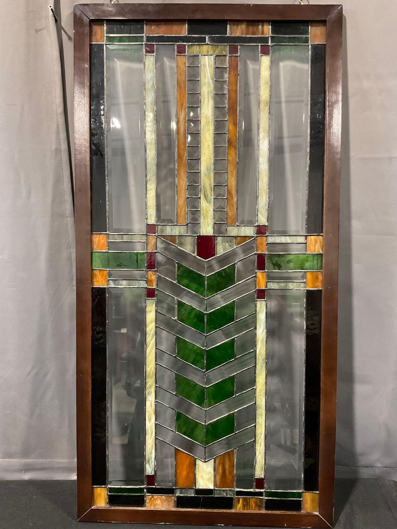 Antique Stained Glass Window, Mission style Panel, 42h x 21w x 3d inches: *No in-house shipping, fragile* Appears to be in good shape. The piece measures approx 42h x 21w x 3d inches. See pics. E-5770 *Freight Required if shipped, Buyer Arranged/Responsibility*
