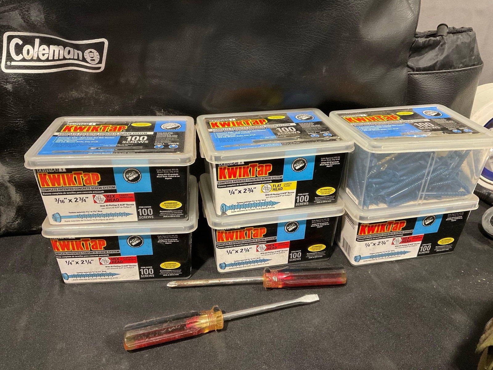 6 boxes of Kwik-Tap Screws, Coleman Bag, Set of Socket Wrenches & Wrenches, Light & Gas Heater Head - 2