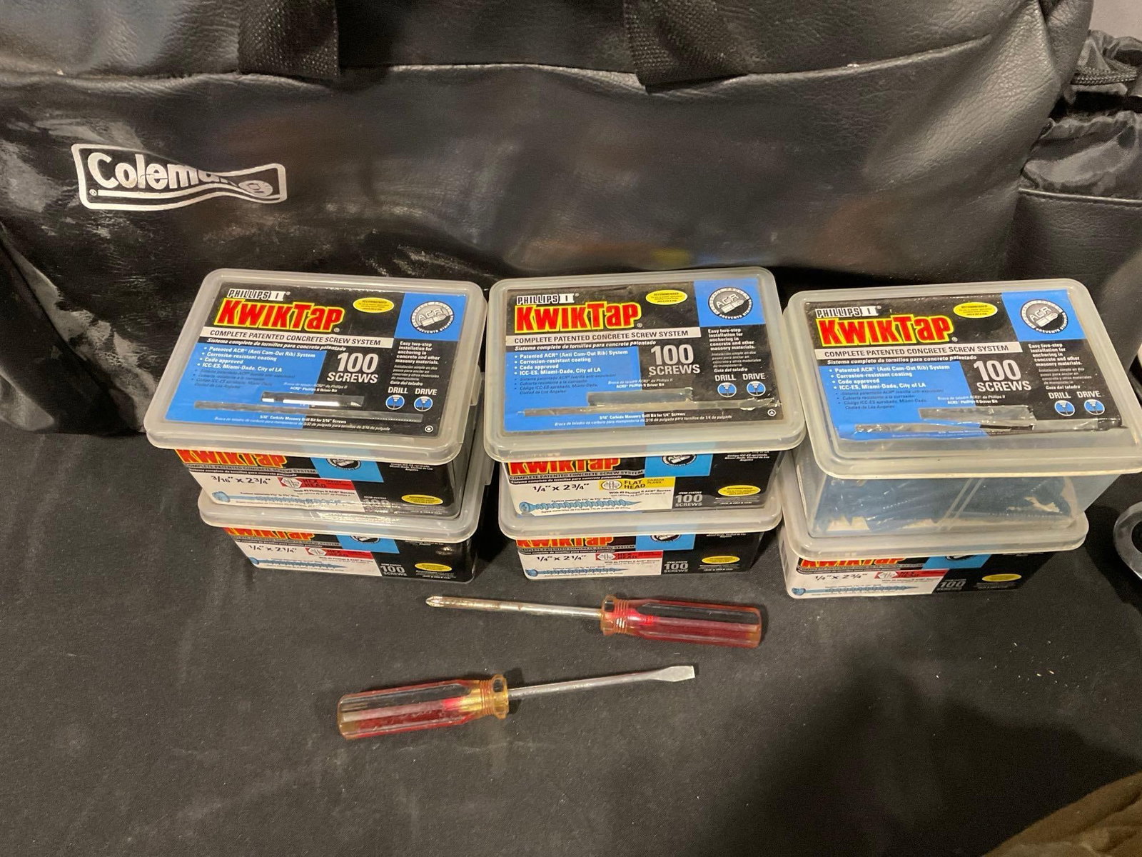 6 boxes of Kwik-Tap Screws, Coleman Bag, Set of Socket Wrenches & Wrenches, Light & Gas Heater Head - 3