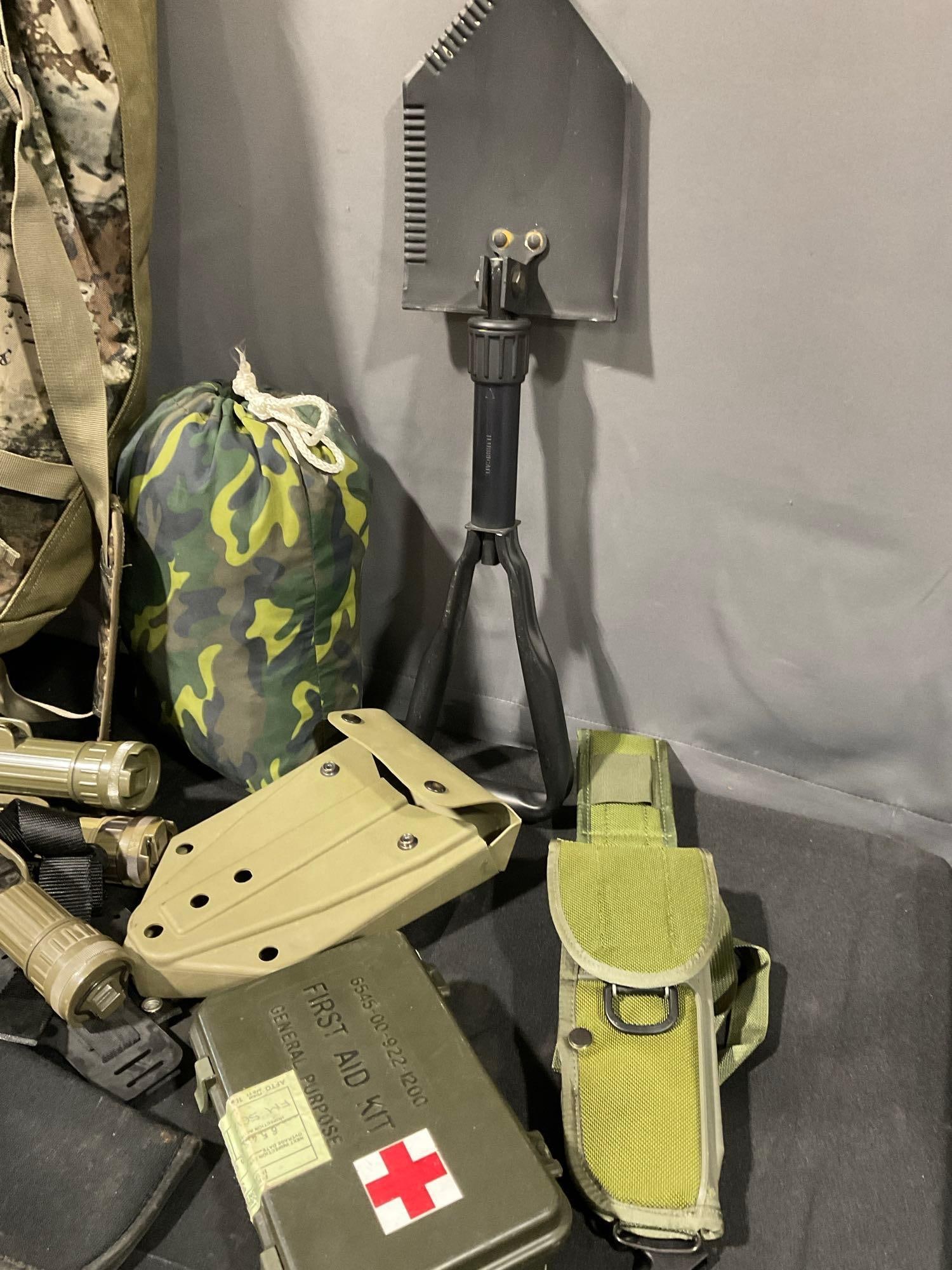 Trenching Tool, Cabelas Duffle Bag, Sheaths, 4 Clip Flashlights, First Aid Kits, Camp Stool & more - 2