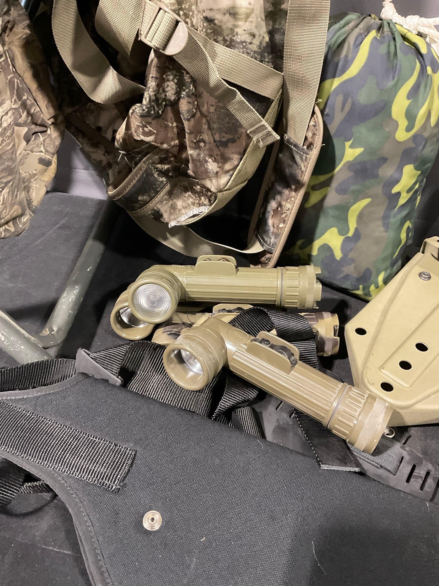Trenching Tool, Cabelas Duffle Bag, Sheaths, 4 Clip Flashlights, First Aid Kits, Camp Stool & more - 3