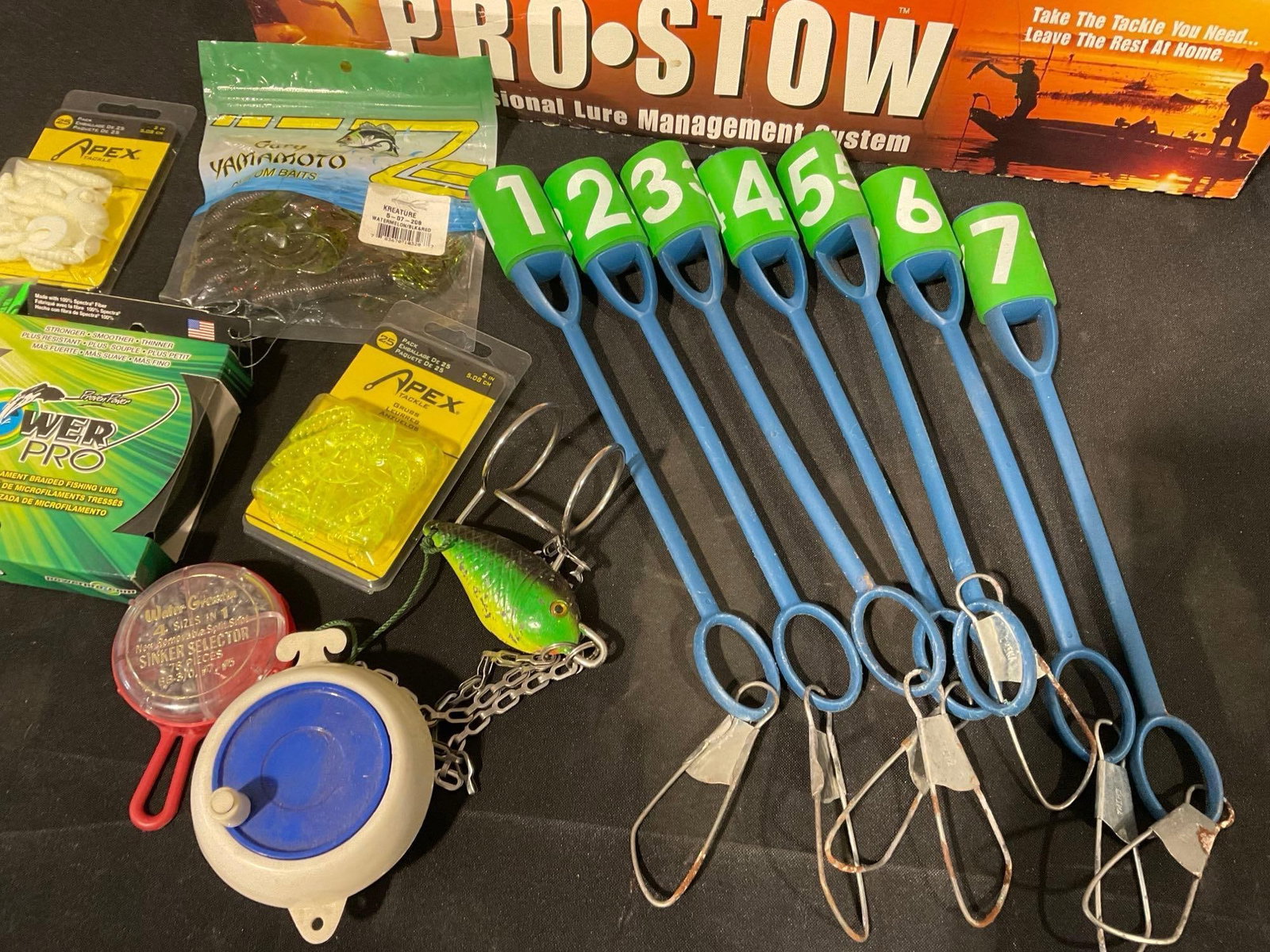 Pair of Pro Stow Tackle Box Mounts, 7 Floating Fish Tags, Line, Lures & more fishing Supplies - 2