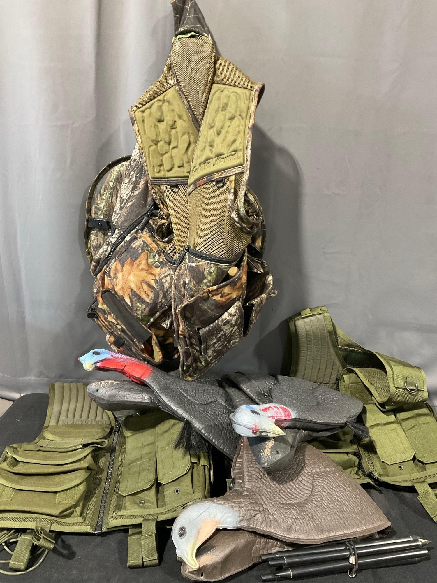 2 Tactical Vests, & Hunting Vest w/3 Foam Turkey Decoys, many calls, & supplies included: Appears to be in good shape. The piece measures approx 13h x 21w x 17d inches. See pics. E-5600