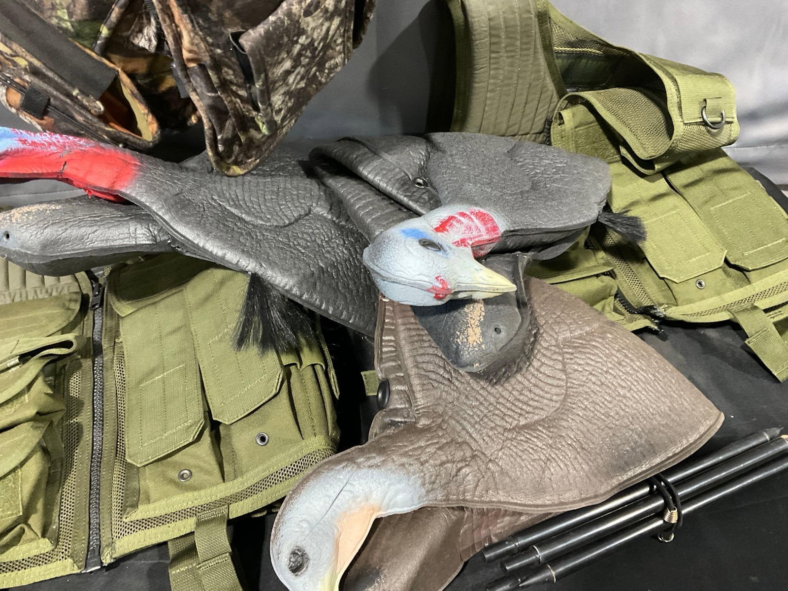 2 Tactical Vests, & Hunting Vest w/3 Foam Turkey Decoys, many calls, & supplies included - 2