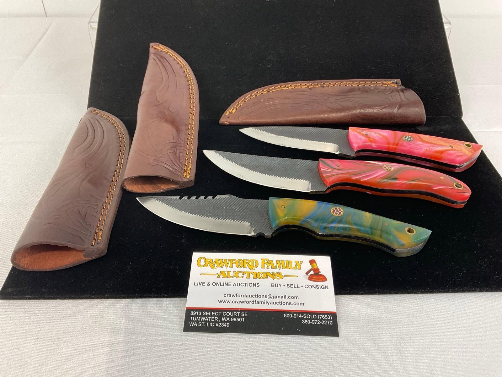 3 File Metal Knives, handmade, custom handles & sheaths, Colorful Resin, Blue & Yellow & Pink: Appears to be in good shape. The piece measures approx 10h x 4w x 3d inches. See pics. E-3440