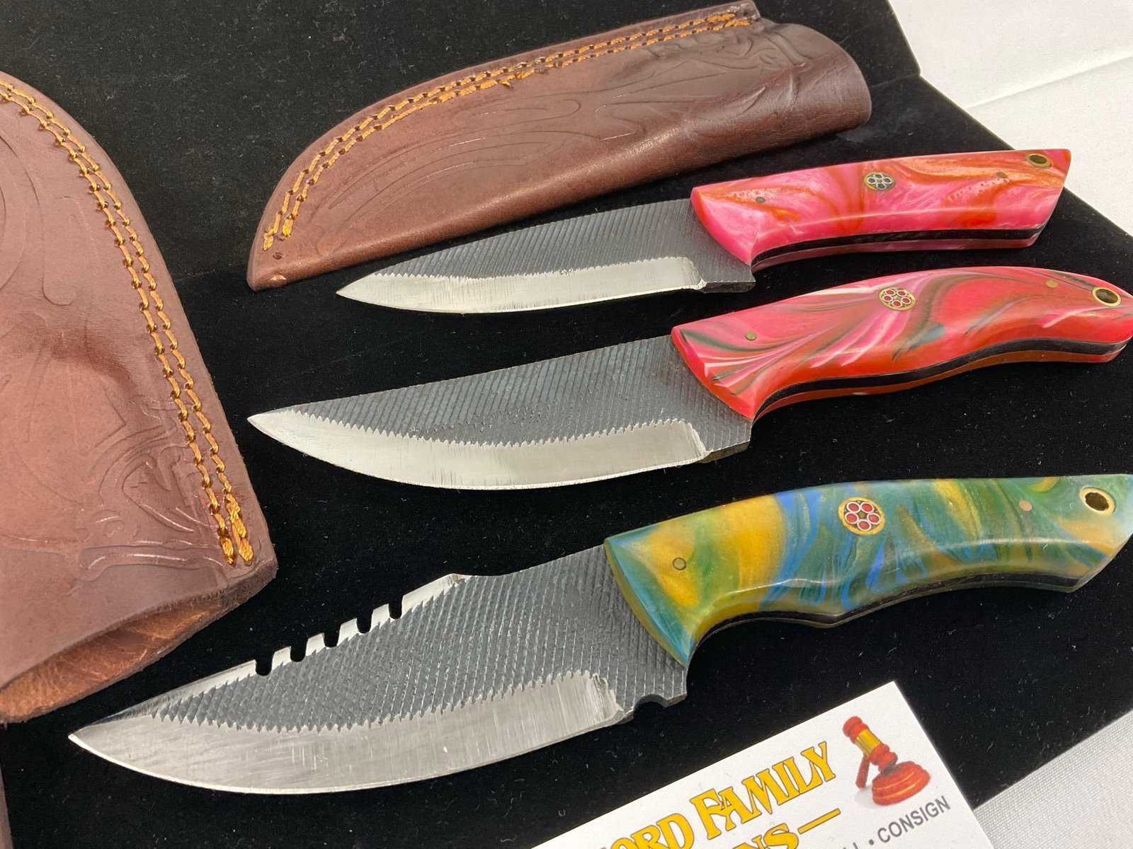 3 File Metal Knives, handmade, custom handles & sheaths, Colorful Resin, Blue & Yellow & Pink - 2