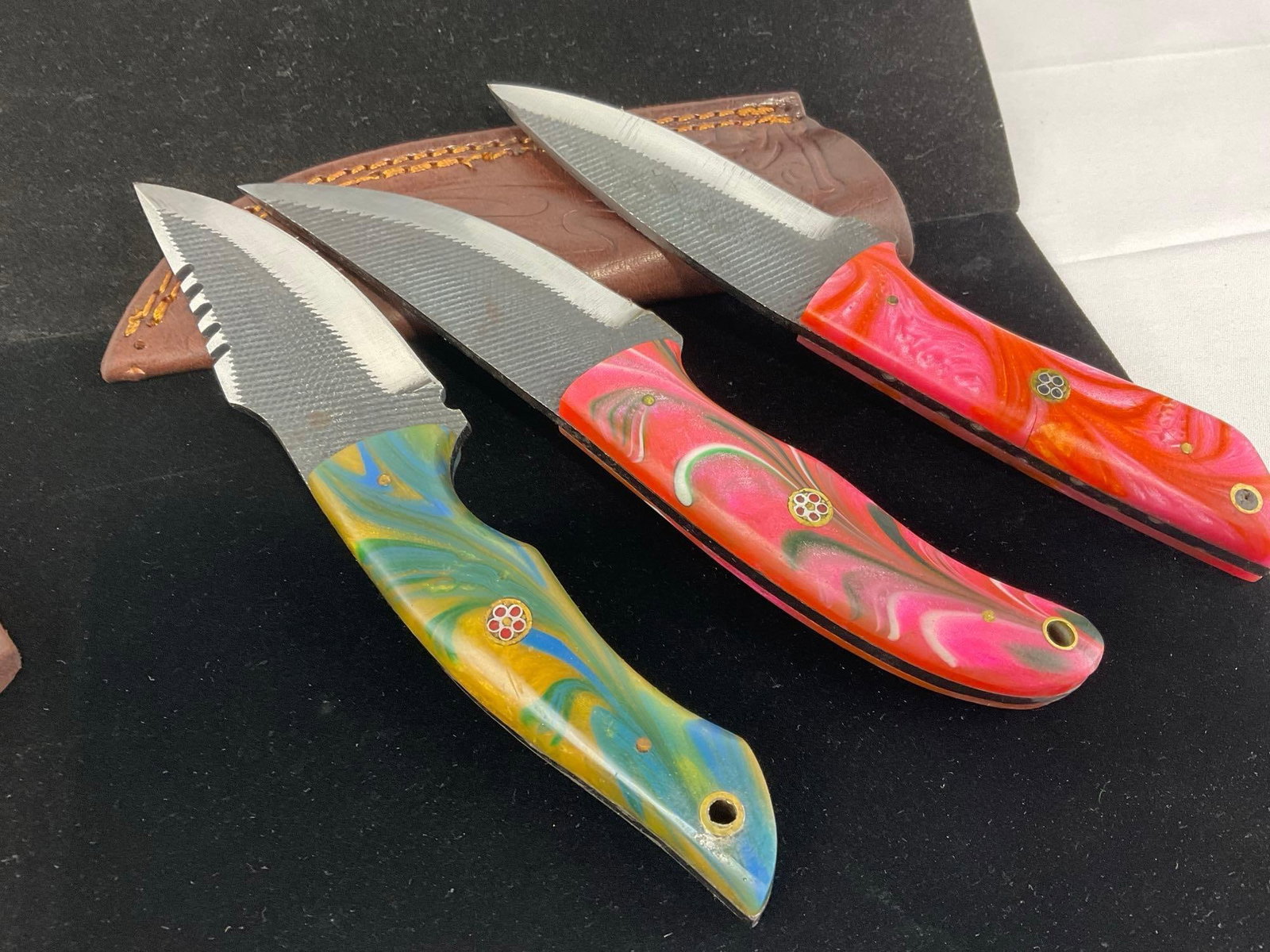 3 File Metal Knives, handmade, custom handles & sheaths, Colorful Resin, Blue & Yellow & Pink - 3