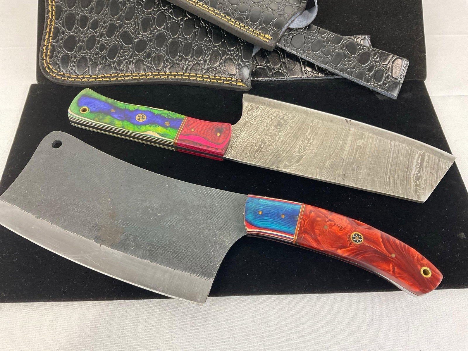 2 Large Cleavers, Handmade, Custom Handles & Leather Sheaths, Tinted Wood & Resin, w/Brass Details - 3