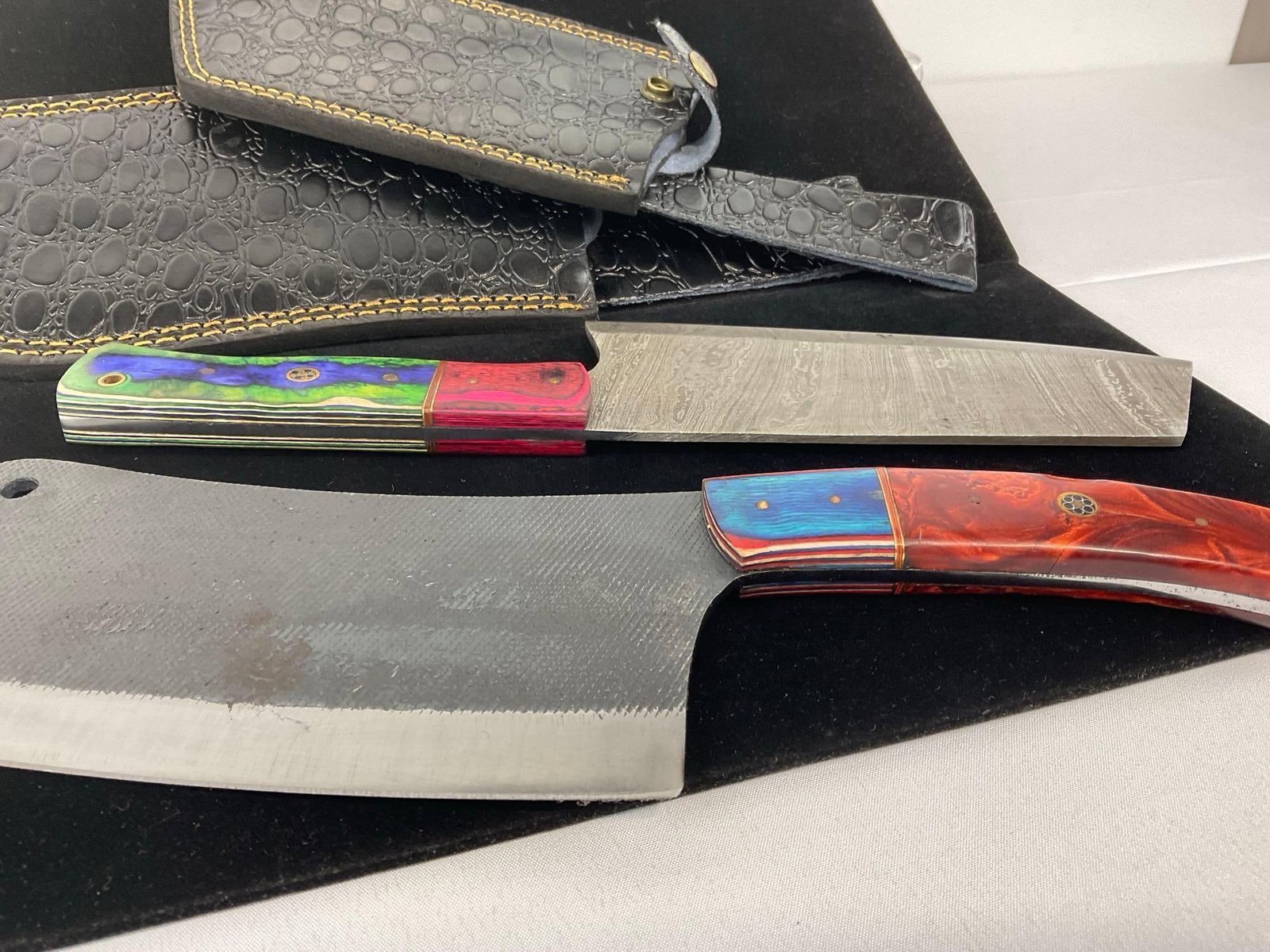 2 Large Cleavers, Handmade, Custom Handles & Leather Sheaths, Tinted Wood & Resin, w/Brass Details - 4