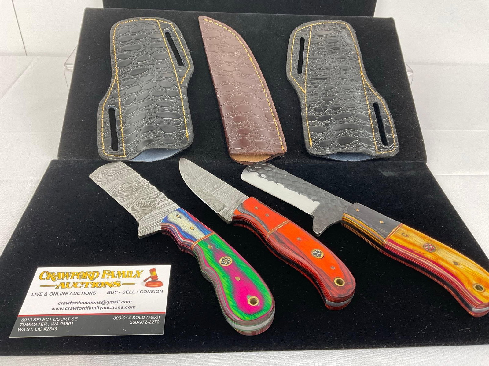 3 Handmade Knives, Custom Handles & Leather Sheaths, Tinted Wood & Brass details (1 of 5)