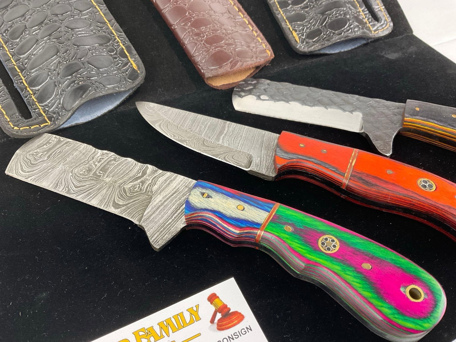 3 Handmade Knives, Custom Handles & Leather Sheaths, Tinted Wood & Brass details - 2