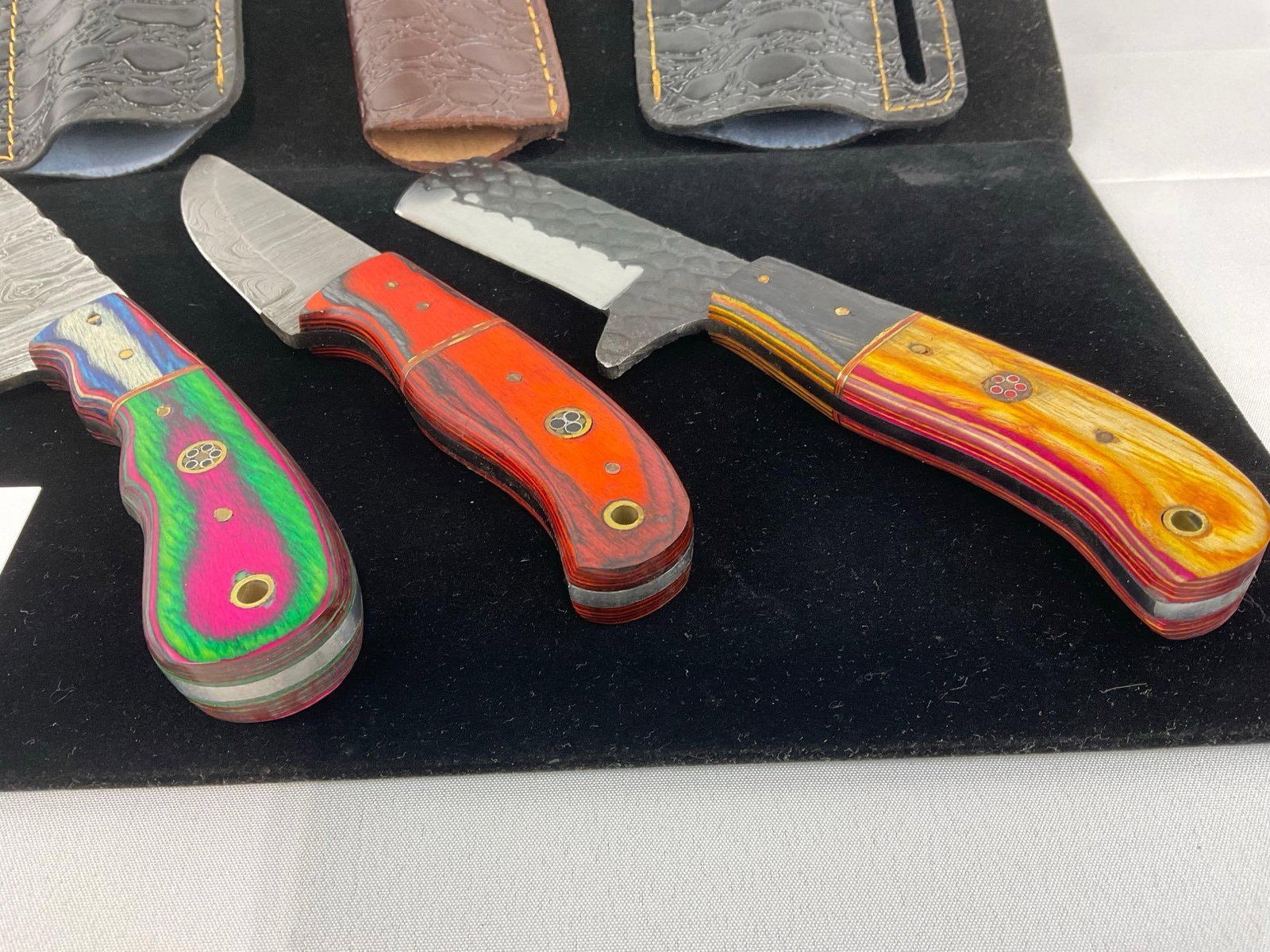 3 Handmade Knives, Custom Handles & Leather Sheaths, Tinted Wood & Brass details - 3