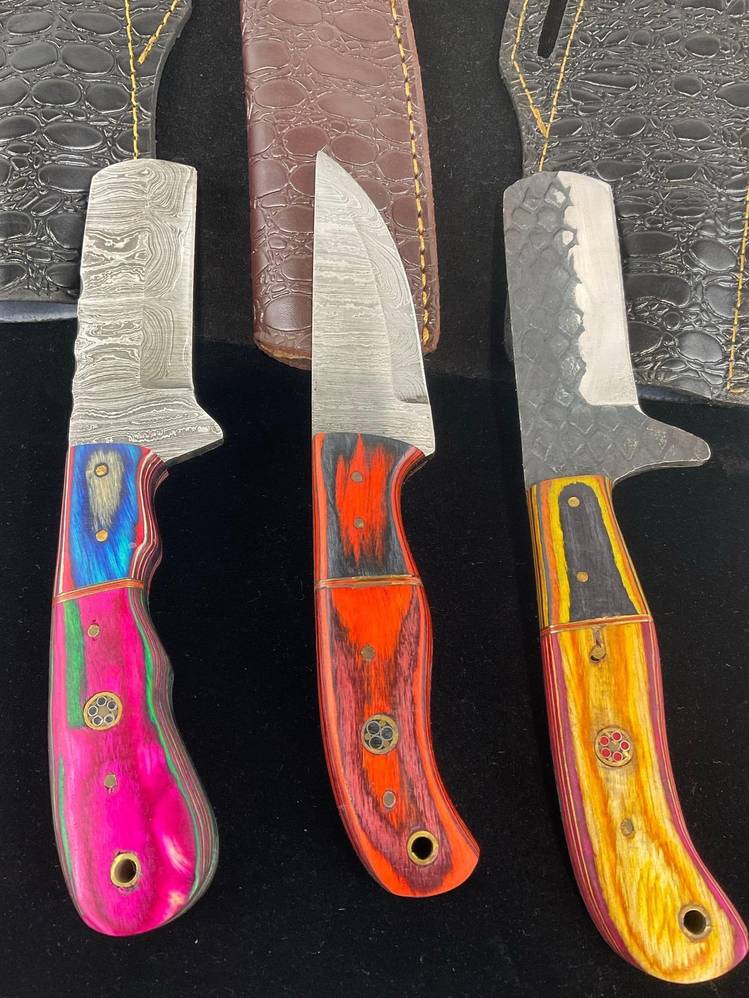 3 Handmade Knives, Custom Handles & Leather Sheaths, Tinted Wood & Brass details - 4