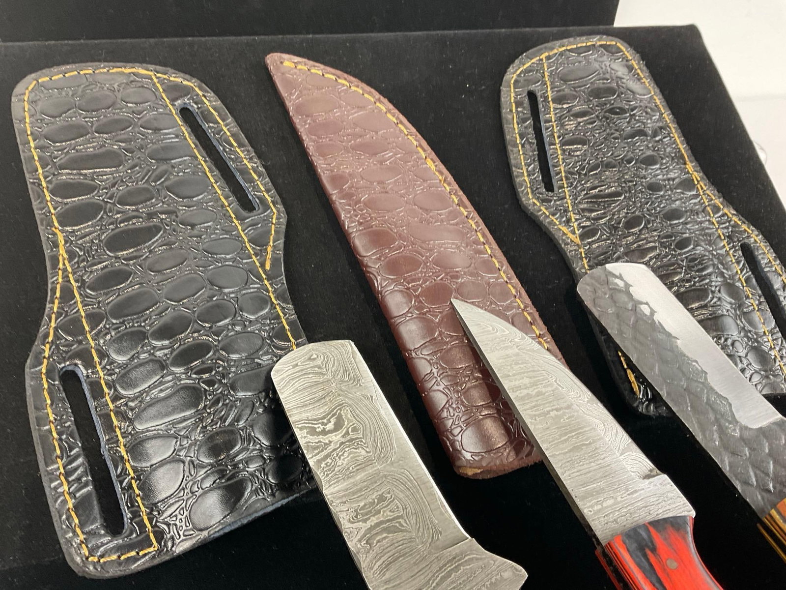 3 Handmade Knives, Custom Handles & Leather Sheaths, Tinted Wood & Brass details - 5