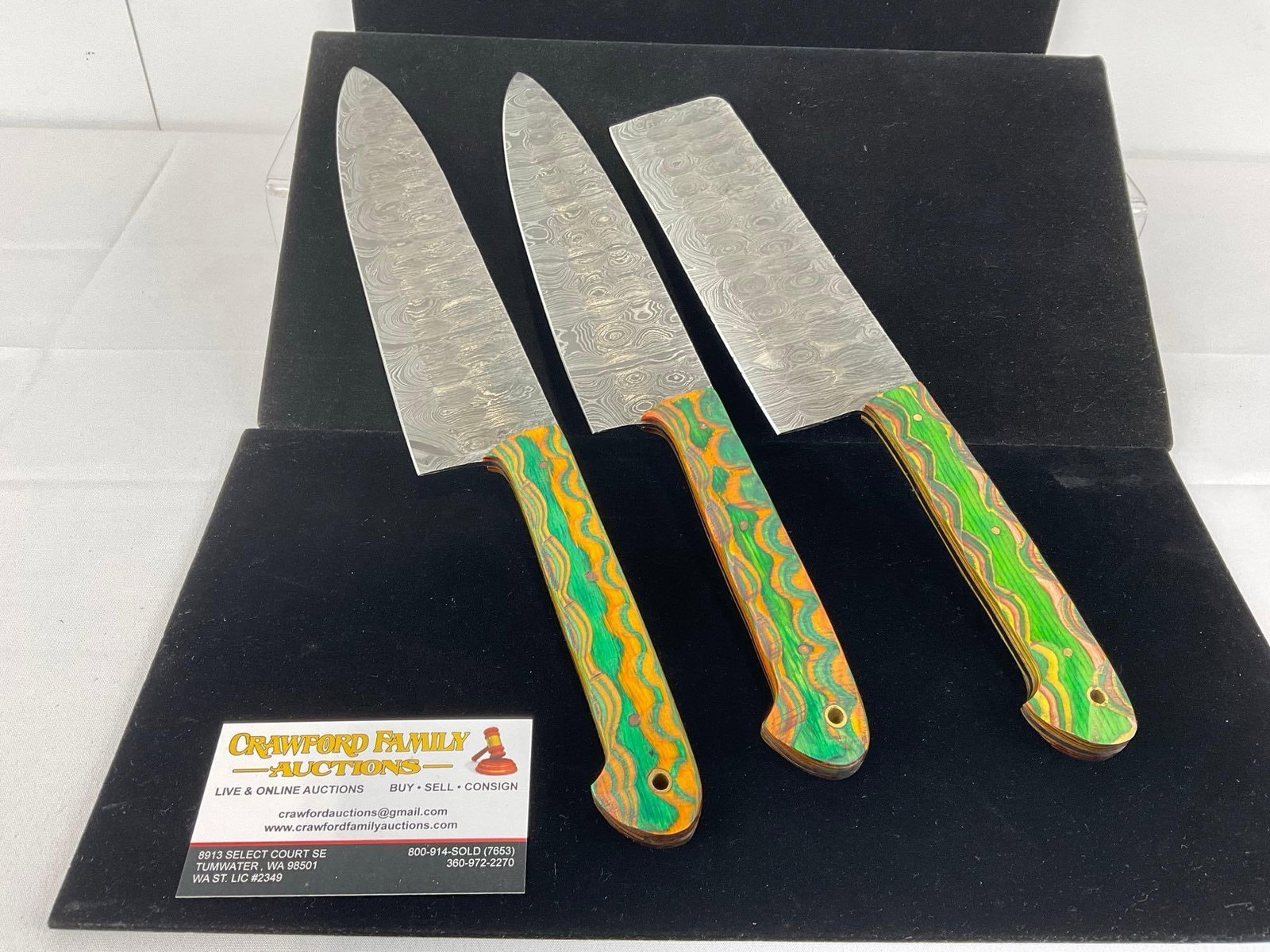 3 Handmade Knives, Damascus style Blades, Yellow/Green Tinted Wood Handles, 8 & 9 inch Chefs Knif...: Chinese style Cleaver, flat edge & spine. Appears to be in good shape. The piece measures approx 15h x 4w x 3d inches. See pics. E-3440
