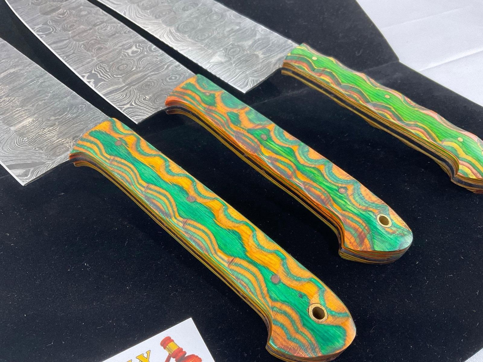 3 Handmade Knives, Damascus style Blades, Yellow/Green Tinted Wood Handles, 8 & 9 inch Chefs Knif... - 2