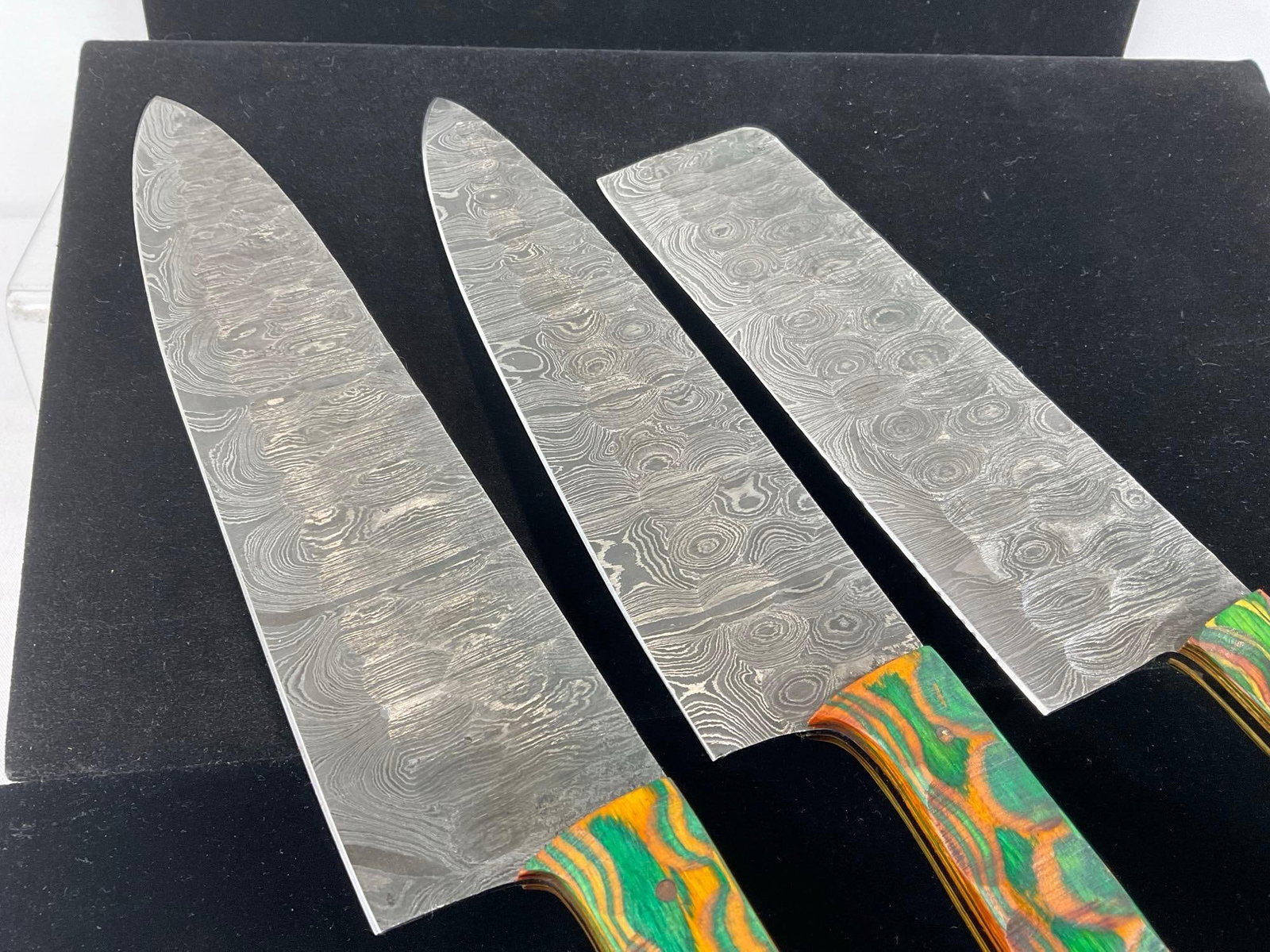 3 Handmade Knives, Damascus style Blades, Yellow/Green Tinted Wood Handles, 8 & 9 inch Chefs Knif... - 3