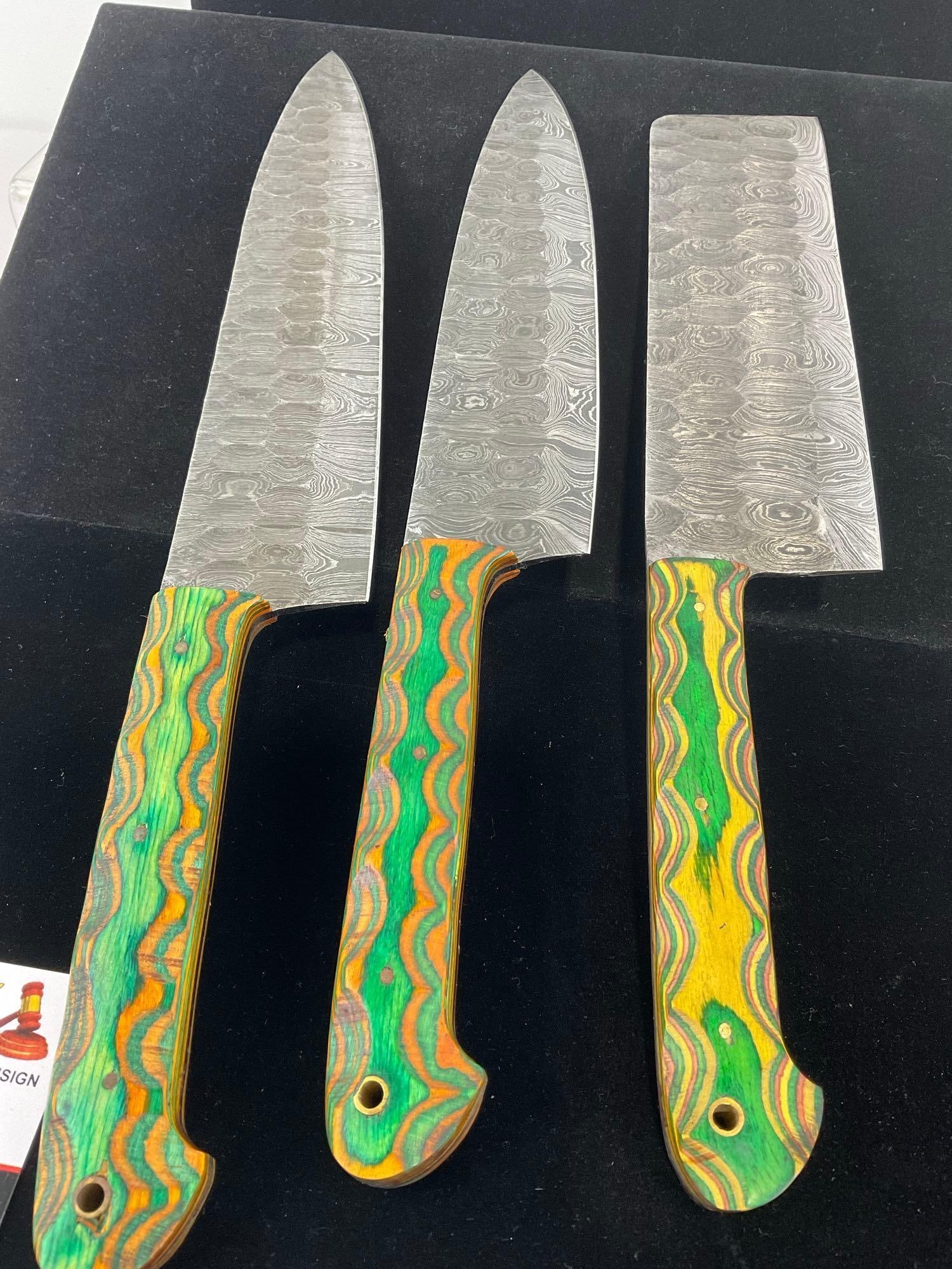 3 Handmade Knives, Damascus style Blades, Yellow/Green Tinted Wood Handles, 8 & 9 inch Chefs Knif... - 4
