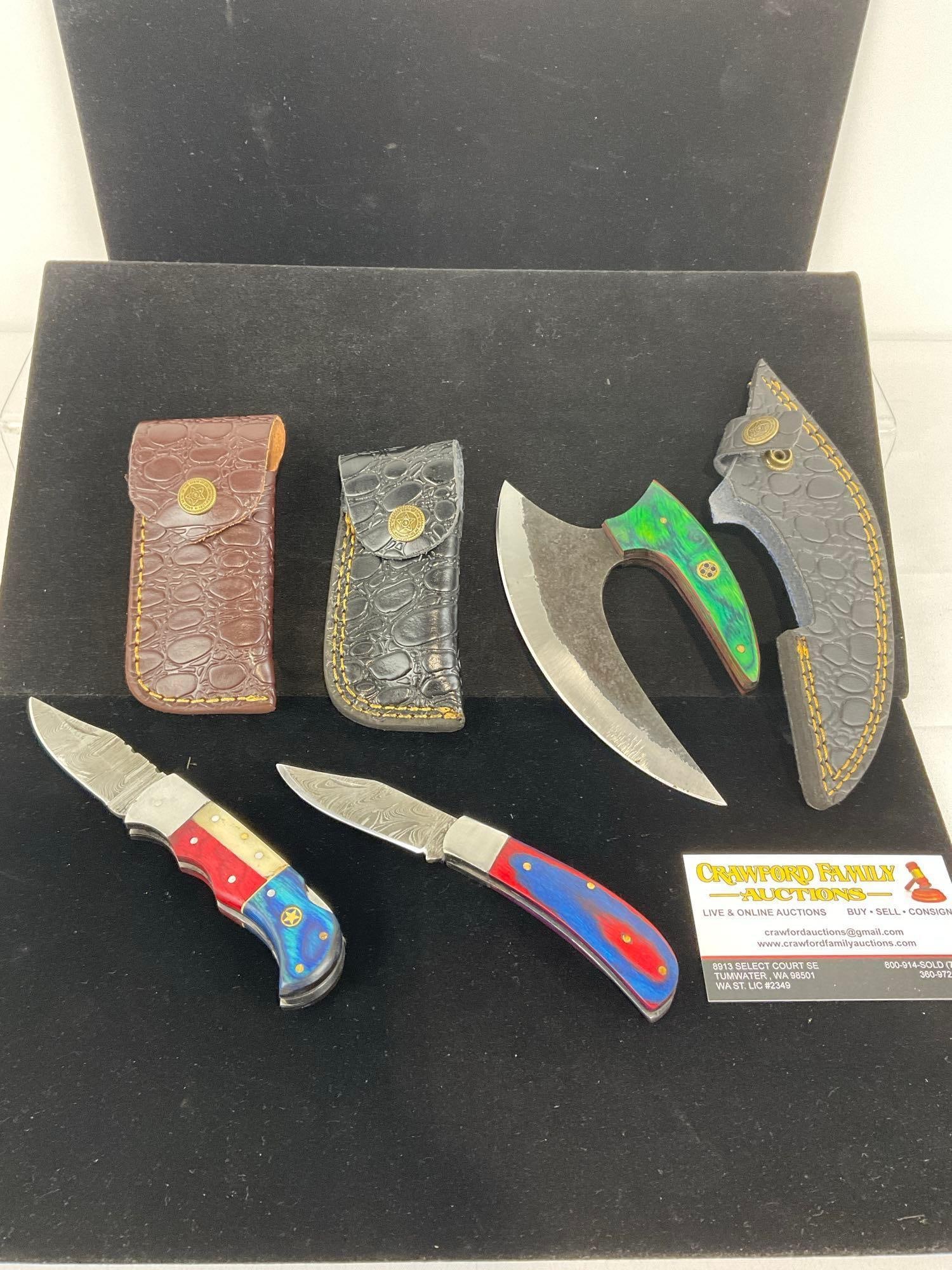 3 Handmade Knives, Unique Curved Blade & 2 Folding Knives w/custom leather Sheaths & handles (1 of 4)