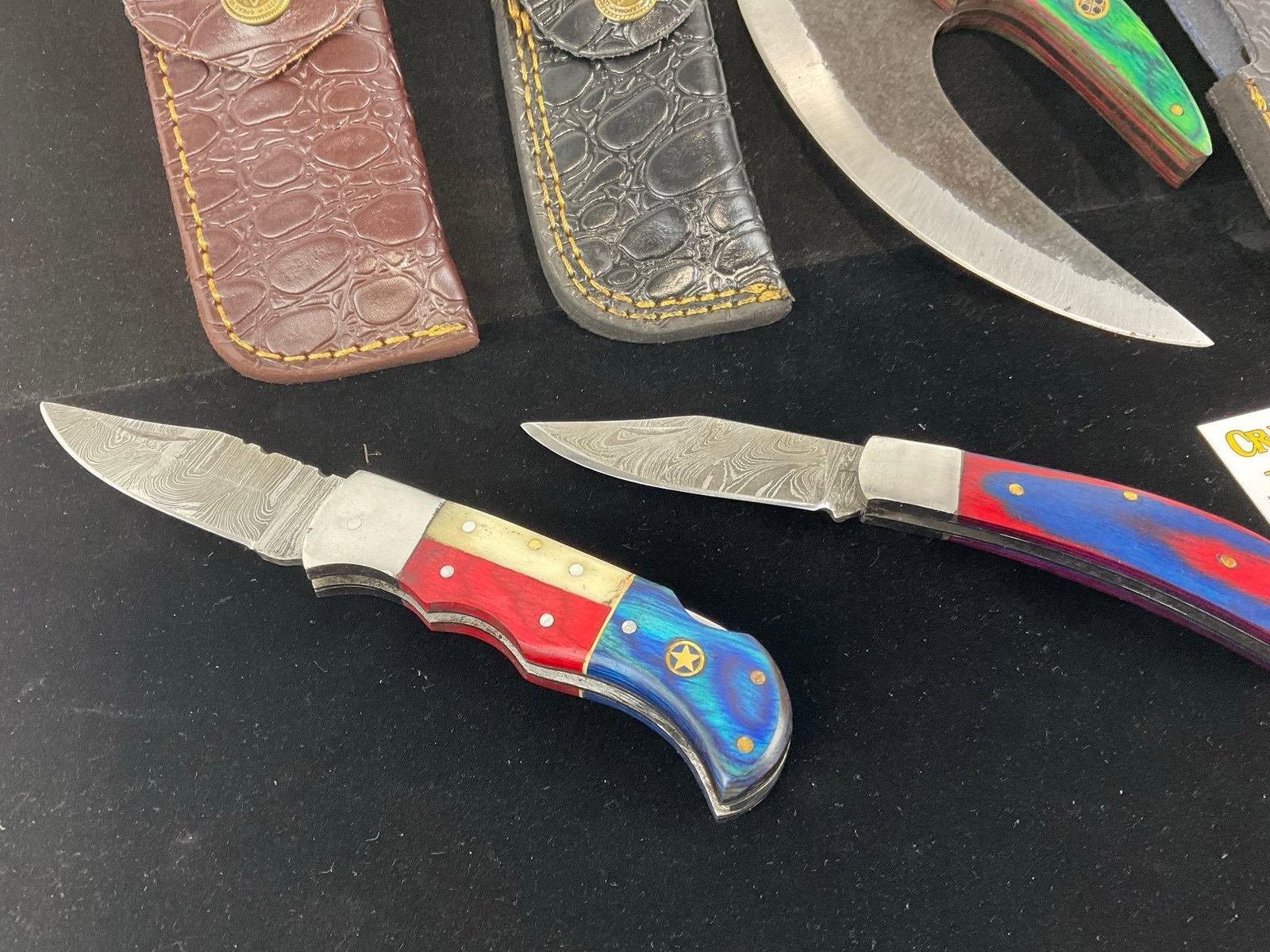 3 Handmade Knives, Unique Curved Blade & 2 Folding Knives w/custom leather Sheaths & handles - 2