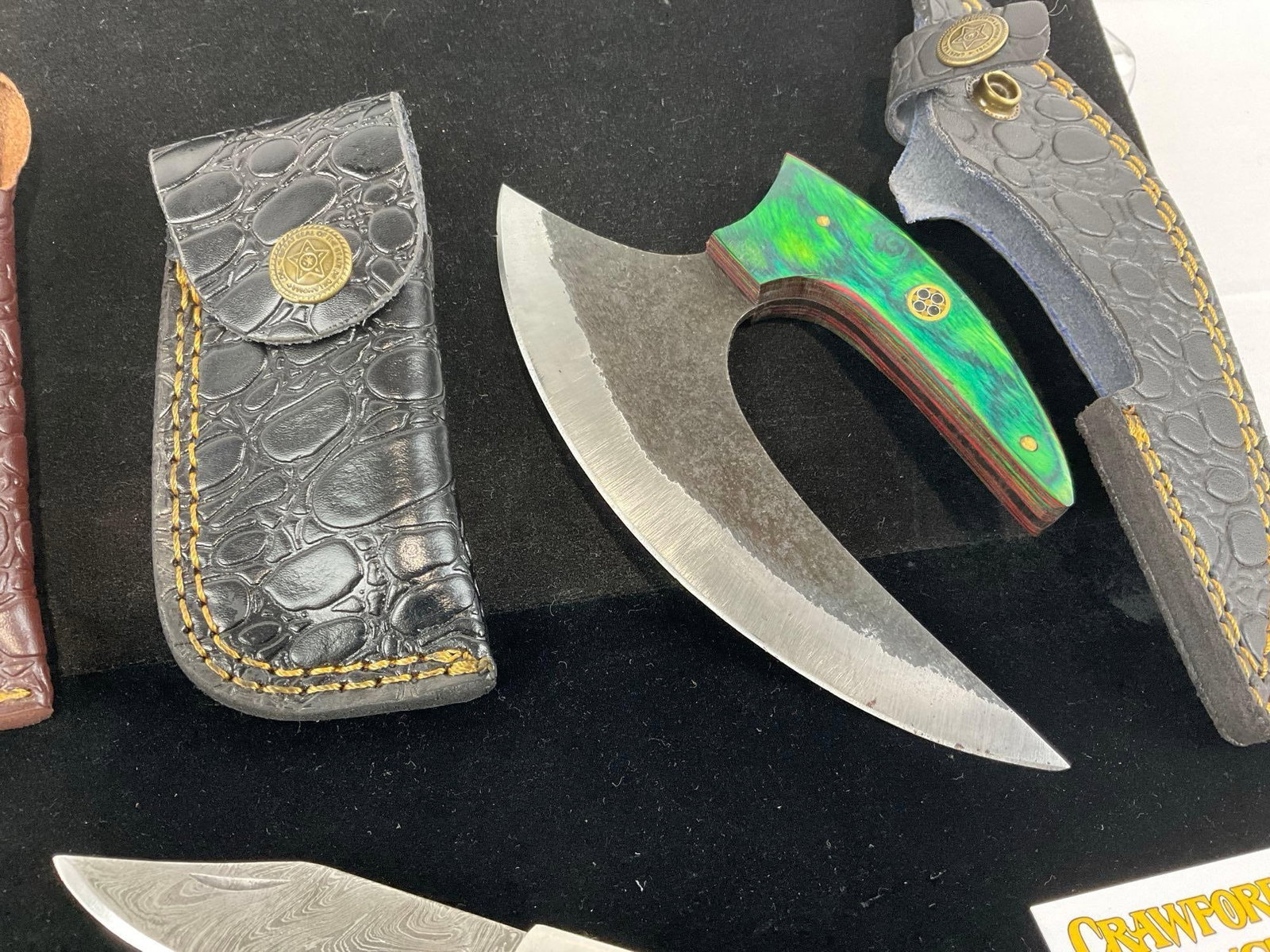 3 Handmade Knives, Unique Curved Blade & 2 Folding Knives w/custom leather Sheaths & handles - 3