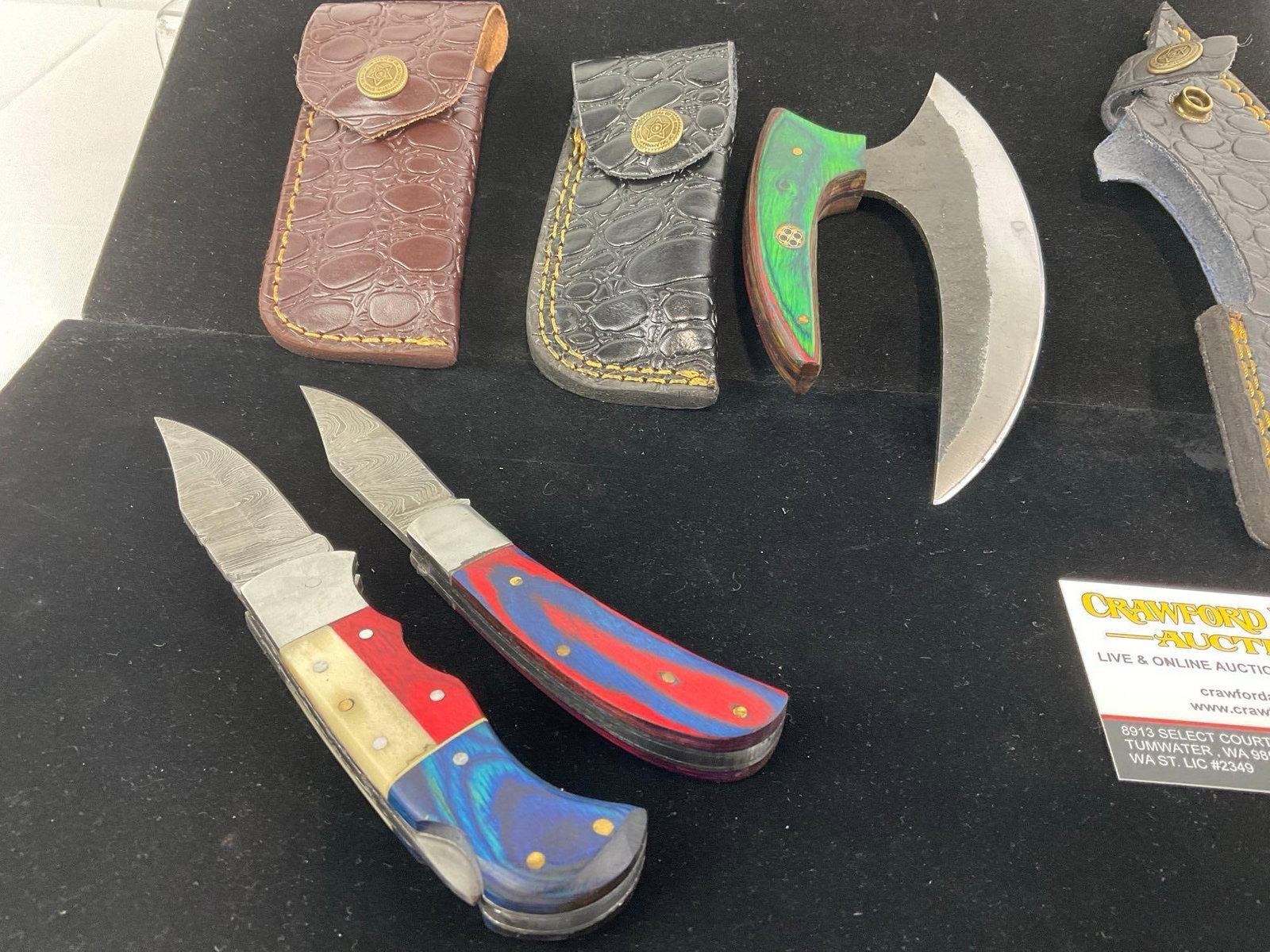 3 Handmade Knives, Unique Curved Blade & 2 Folding Knives w/custom leather Sheaths & handles - 4