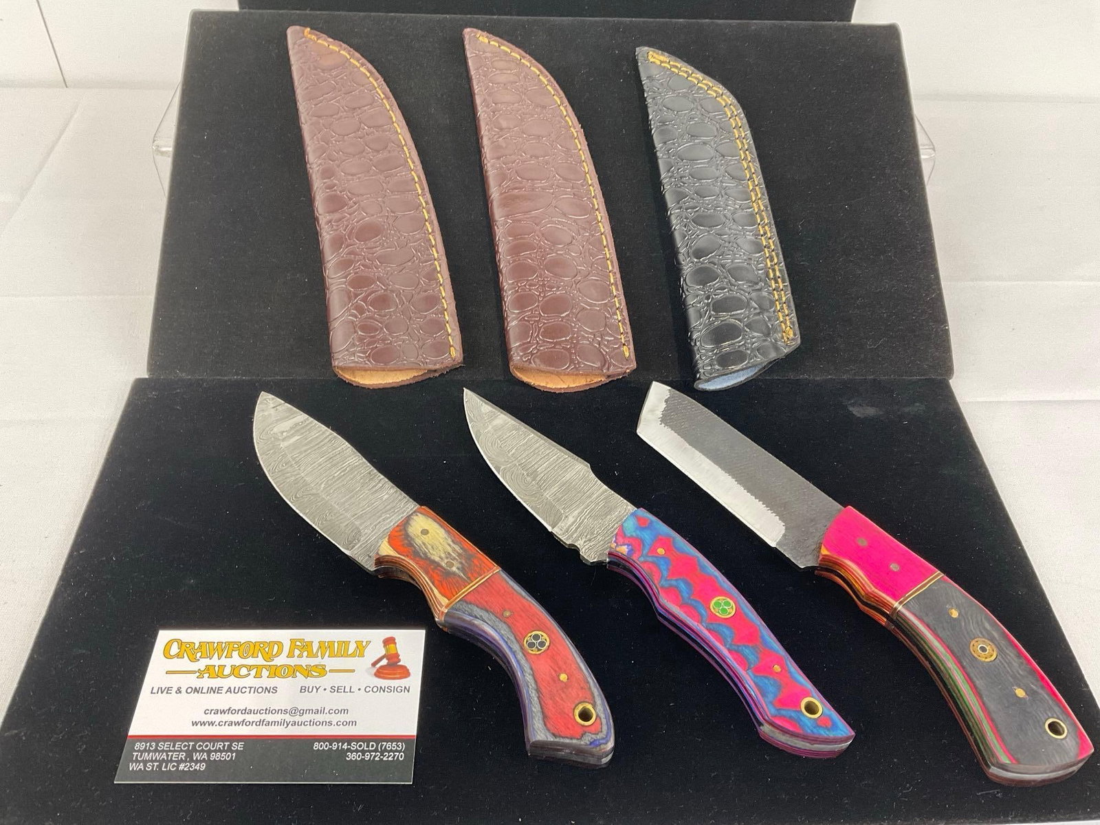 3 Handmade Knives, w/Tinted Wood Handles, & Leather Sheaths, 2 Damascus & 1 File Blades: Appears to be in good shape. The piece measures approx 10h x 4w x 3d inches. See pics. E-3440